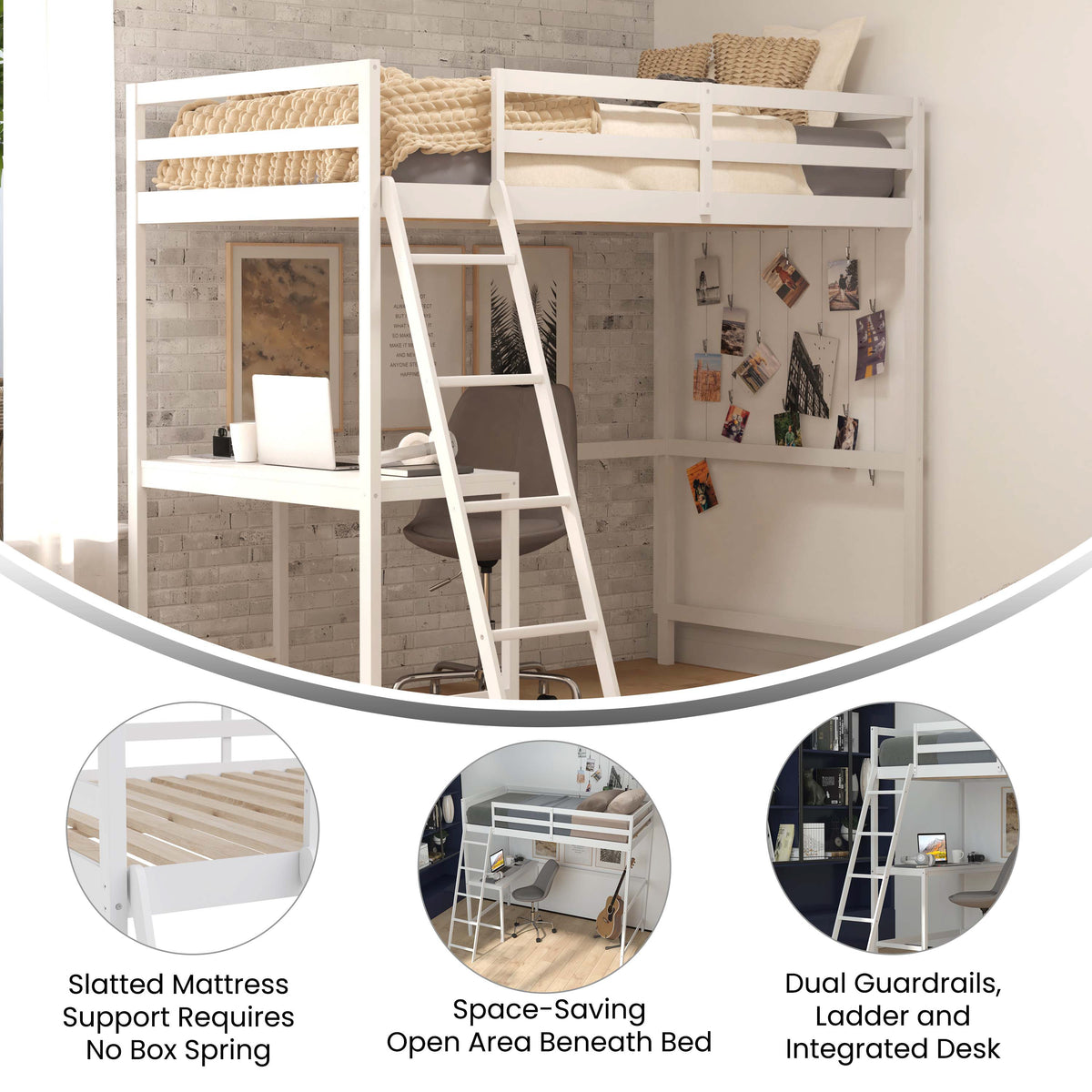 Riley Loft Bed Frame with Desk, Wooden Bed Frame with Protective Guard Rails & Ladder for Kids and Teens