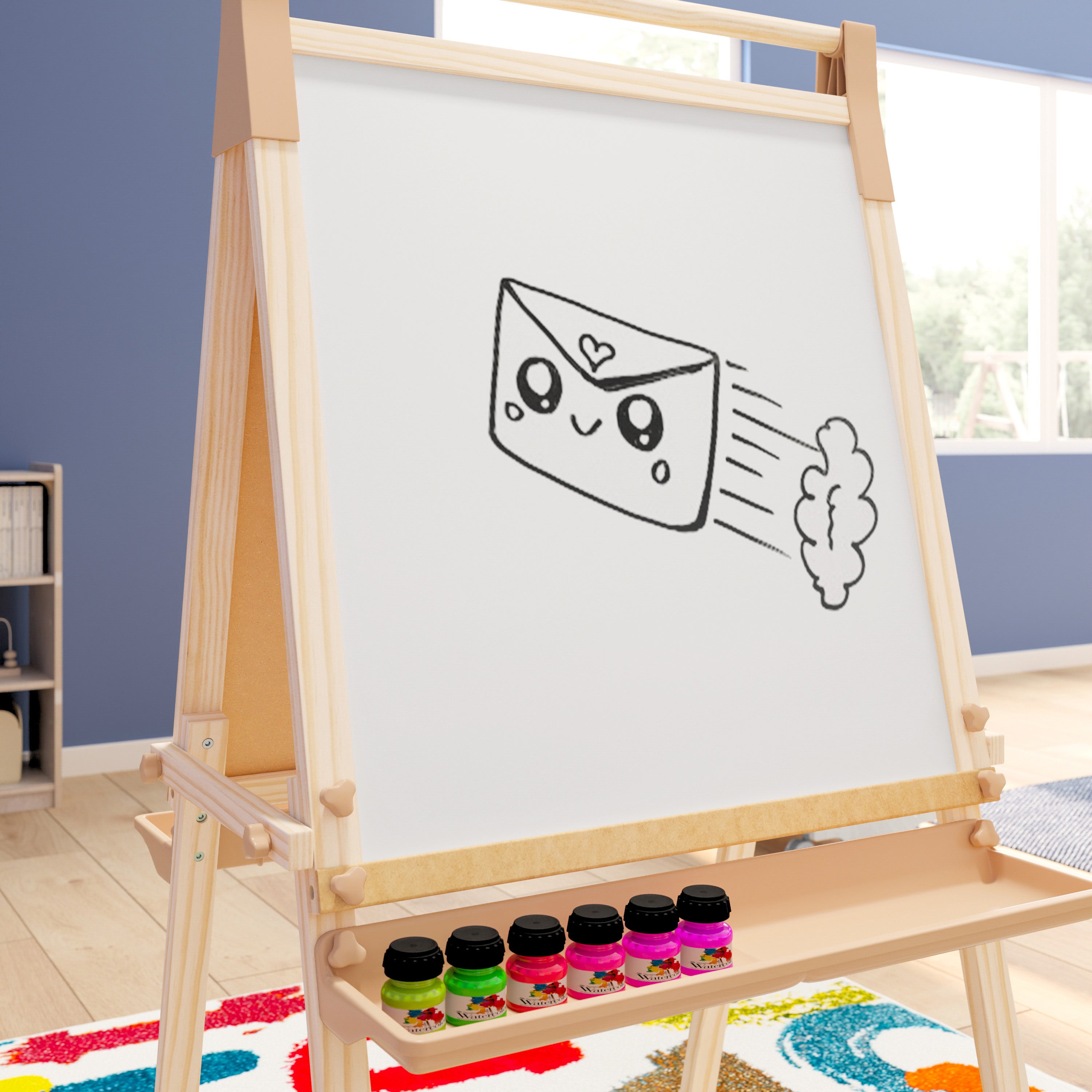 Bright Beginnings Commercial Classroom Freestanding Wood Art Easel with Chalk Board, Dry -Erase Board, 2 Trays, Paper Roller, Paper Tear Bar-Art Furniture-Flash Furniture-Wall2Wall Furnishings