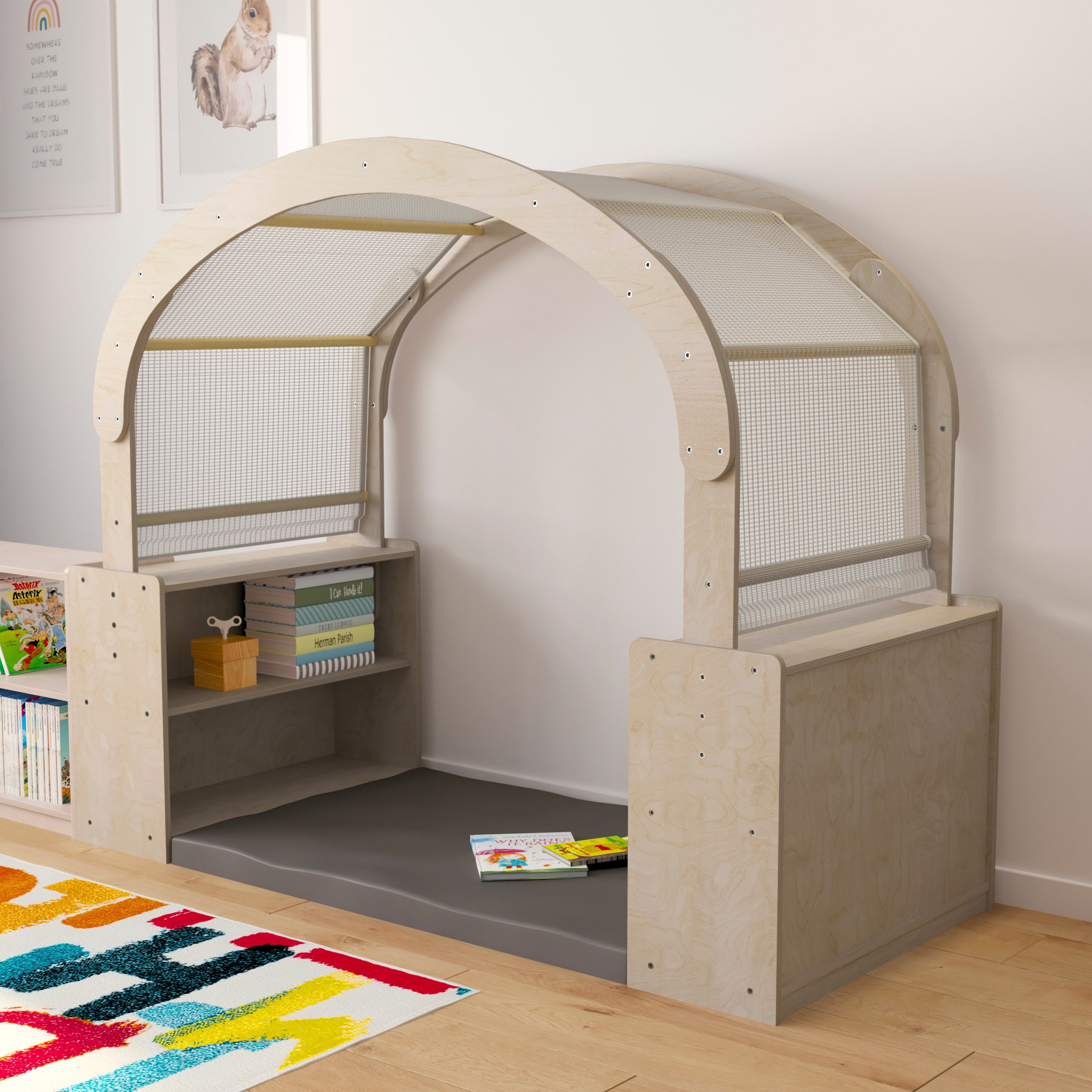 Bright Beginnings Commercial Grade Quiet Corner Reading Nook with Two Storage Shelf Units and Canopy - Greenguard Certified Wooden-Reading Furniture-Flash Furniture-Wall2Wall Furnishings