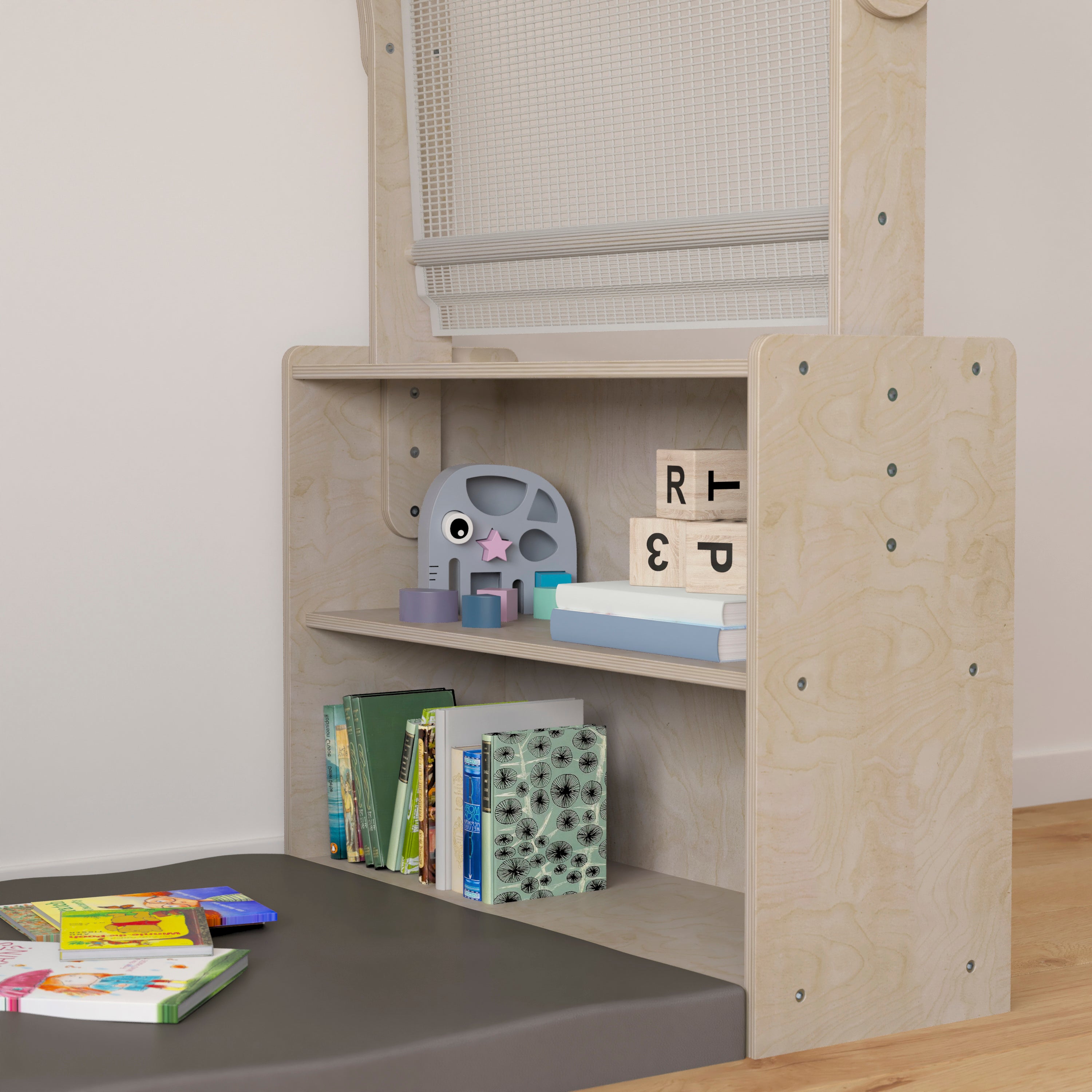 Bright Beginnings Commercial Grade Quiet Corner Reading Nook with Two Storage Shelf Units and Canopy - Greenguard Certified Wooden-Reading Furniture-Flash Furniture-Wall2Wall Furnishings