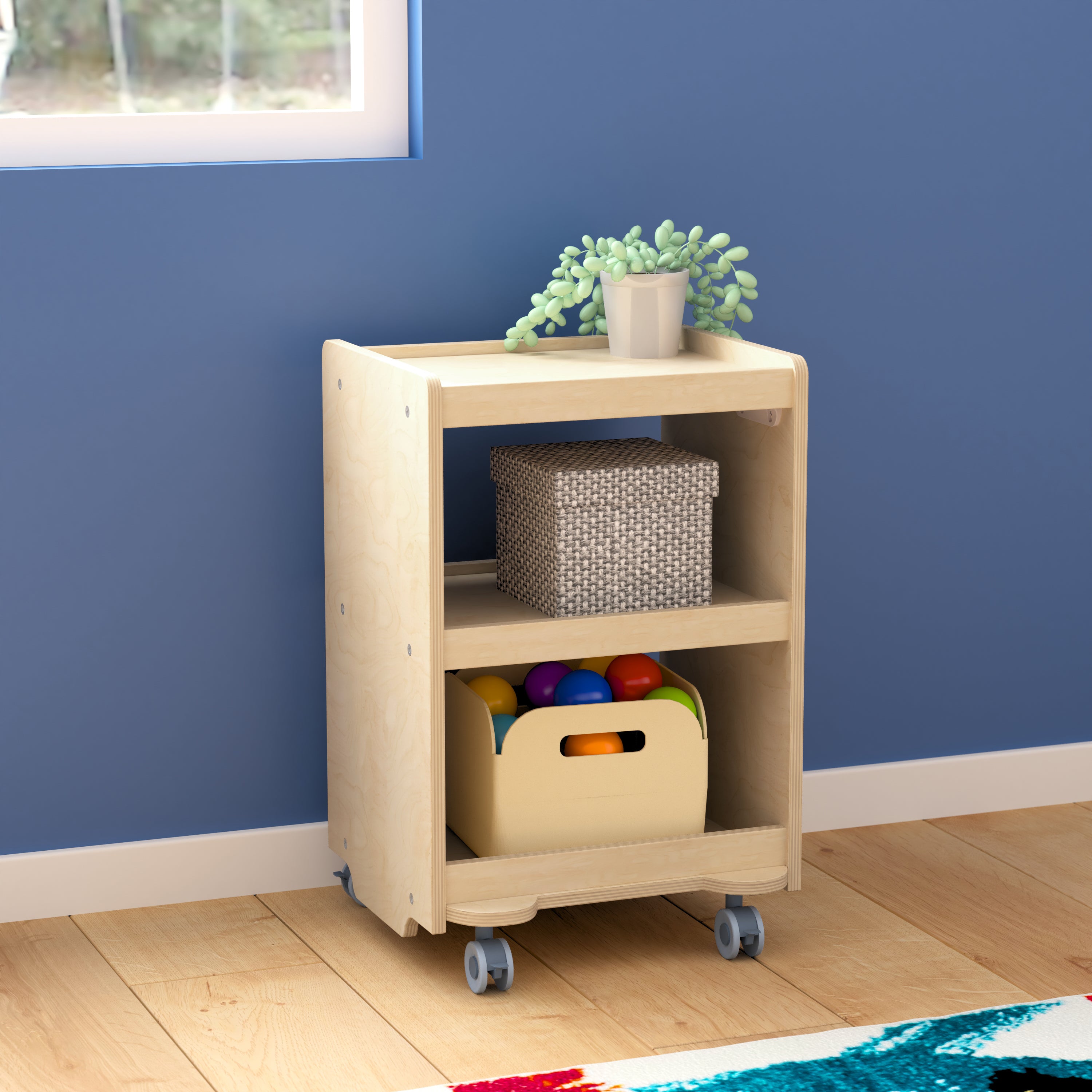 Bright Beginnings Commercial Wooden Mobile Storage Cart with 3 Storage Tiers and Locking Caster Wheels-en Classroom Storage Carts-Flash Furniture-Wall2Wall Furnishings