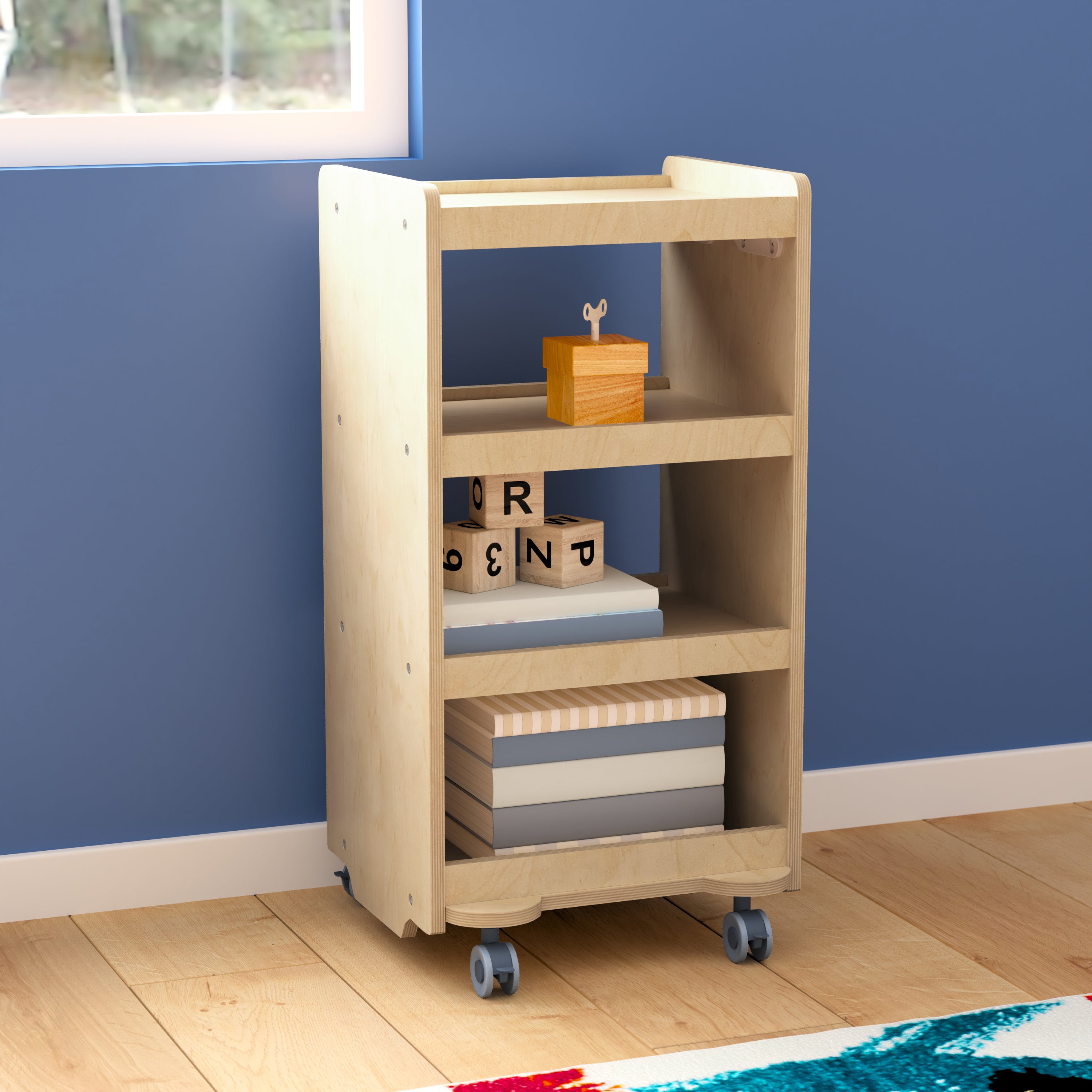 Bright Beginnings Commercial Wooden Mobile Storage Cart with 4 Storage Tiers and Locking Caster Wheels-en Classroom Storage Carts-Flash Furniture-Wall2Wall Furnishings