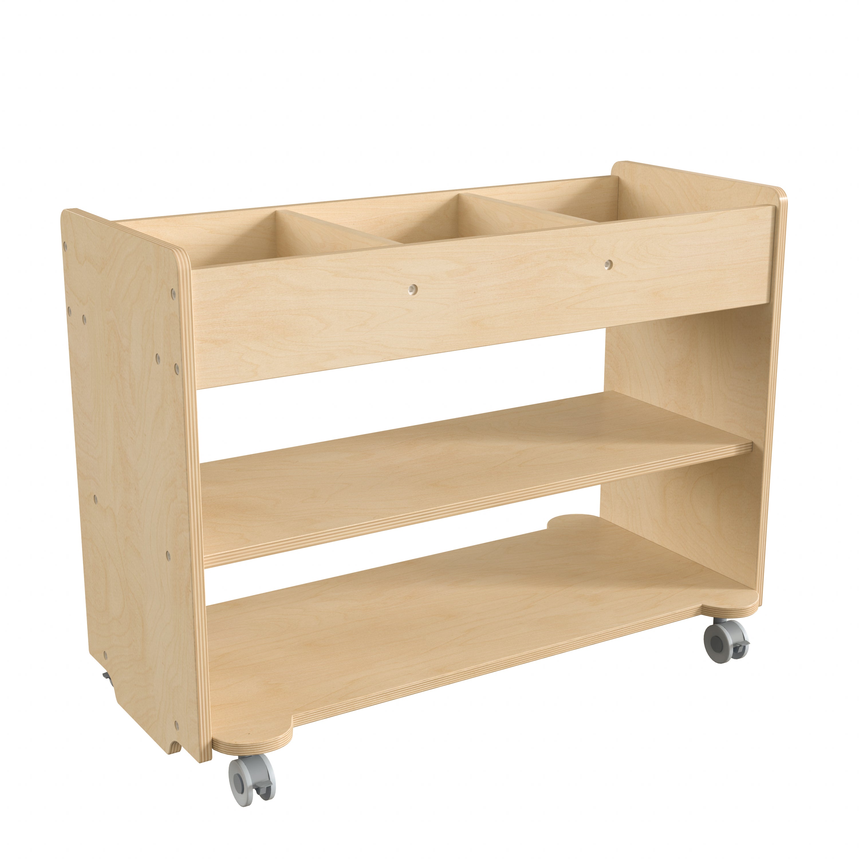 Bright Beginnings Commercial Wooden Mobile Storage Cart with 3 Top Storage Cubbies, 2 Lower Shelves and Locking Caster Wheels-en Classroom Storage Carts-Flash Furniture-Wall2Wall Furnishings