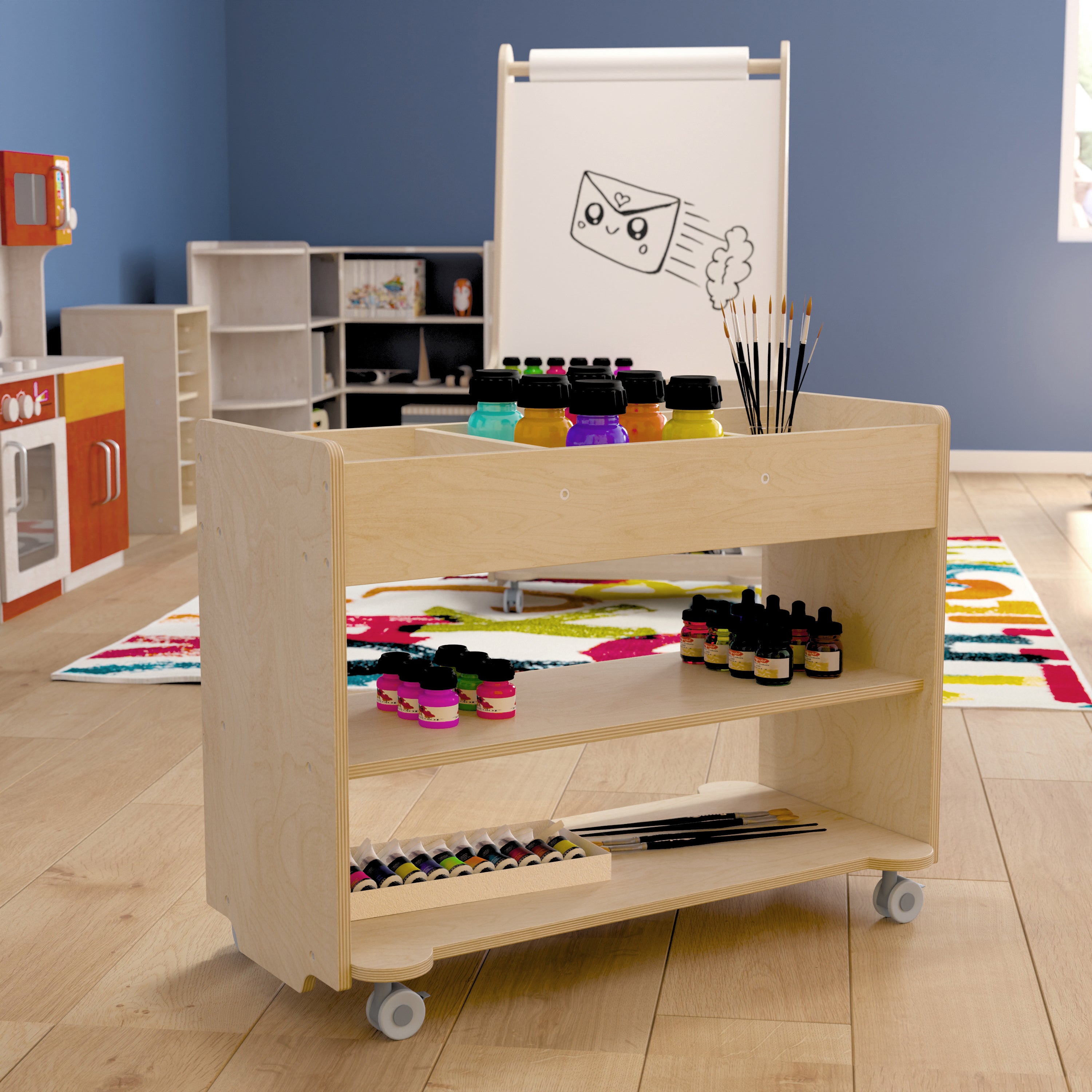 Bright Beginnings Commercial Wooden Mobile Storage Cart with 3 Top Storage Cubbies, 2 Lower Shelves and Locking Caster Wheels-en Classroom Storage Carts-Flash Furniture-Wall2Wall Furnishings