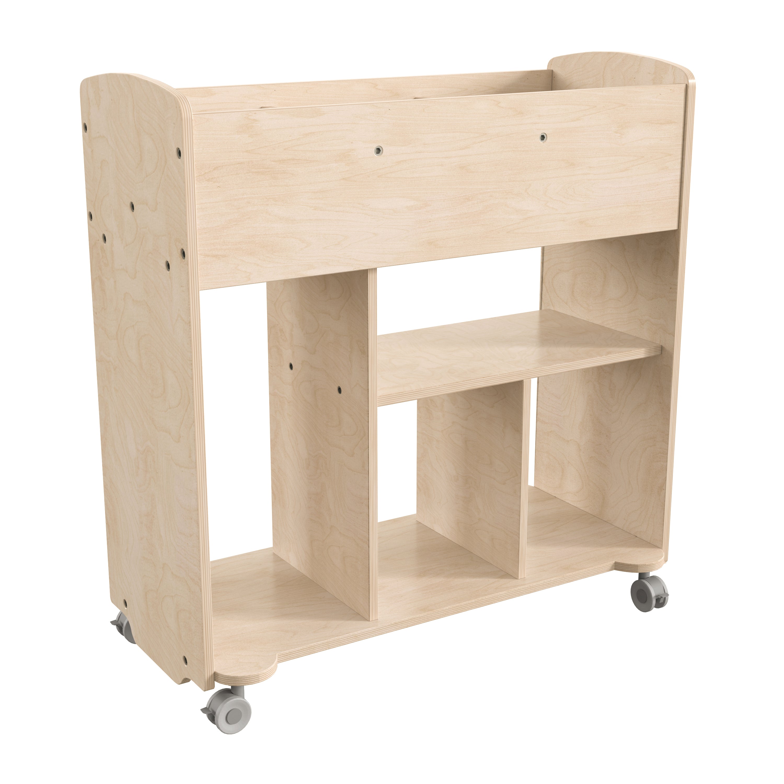 Bright Beginnings Commercial Grade Double Sided Space Saving Wooden Mobile Storage Cart with Locking Caster Wheels-en Classroom Storage Carts-Flash Furniture-Wall2Wall Furnishings