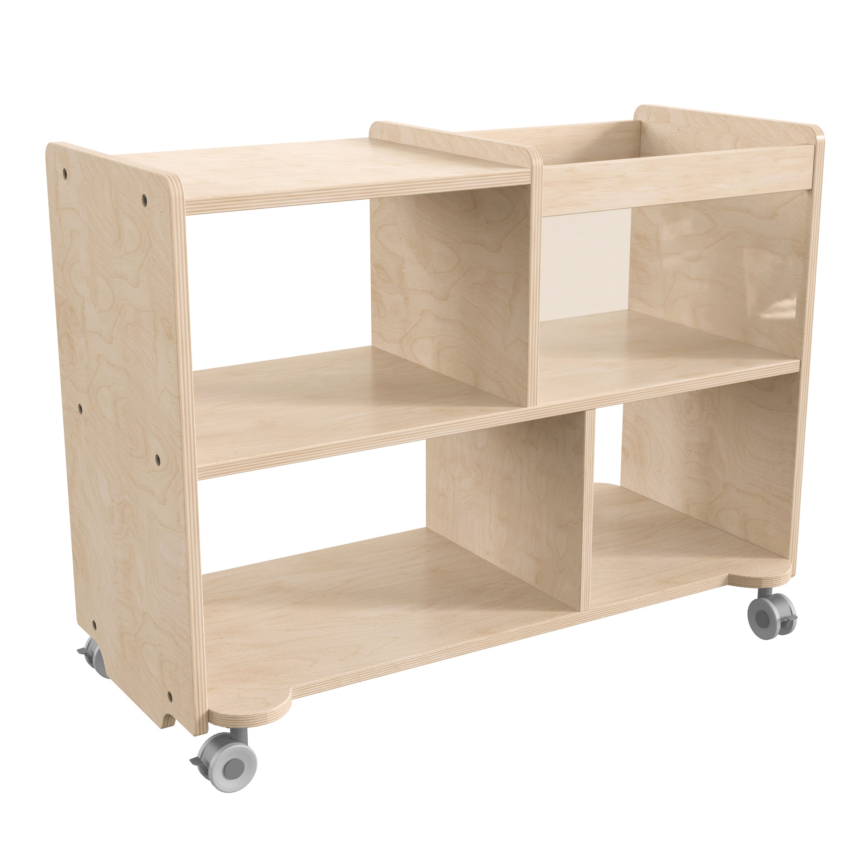 Bright Beginnings Commercial Double Sided Space Saving Wooden Mobile Storage Cart with Locking Casters, Storage Bins, and Open Compartments-en Classroom Storage Carts-Flash Furniture-Wall2Wall Furnishings