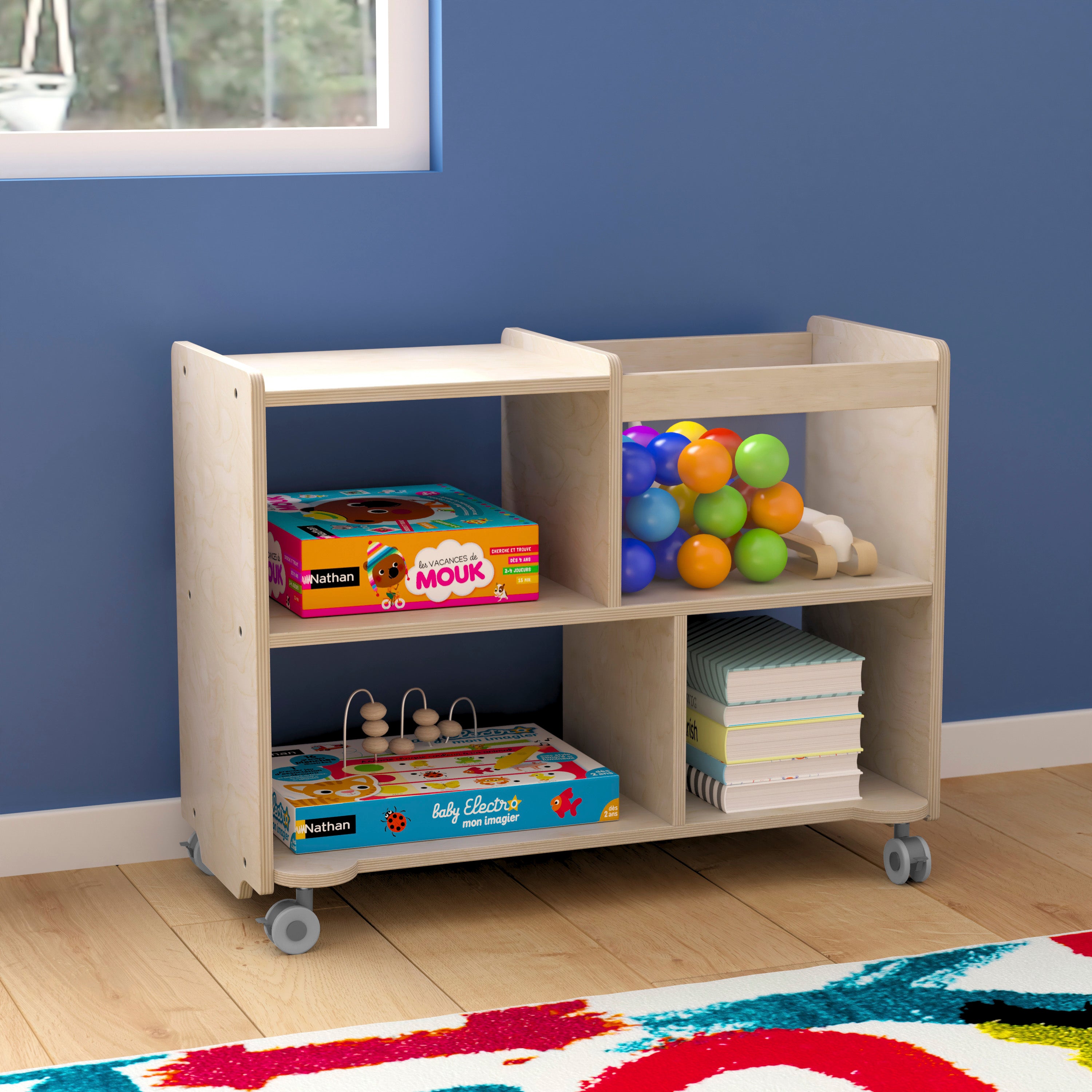 Bright Beginnings Commercial Double Sided Space Saving Wooden Mobile Storage Cart with Locking Casters, Storage Bins, and Open Compartments-en Classroom Storage Carts-Flash Furniture-Wall2Wall Furnishings