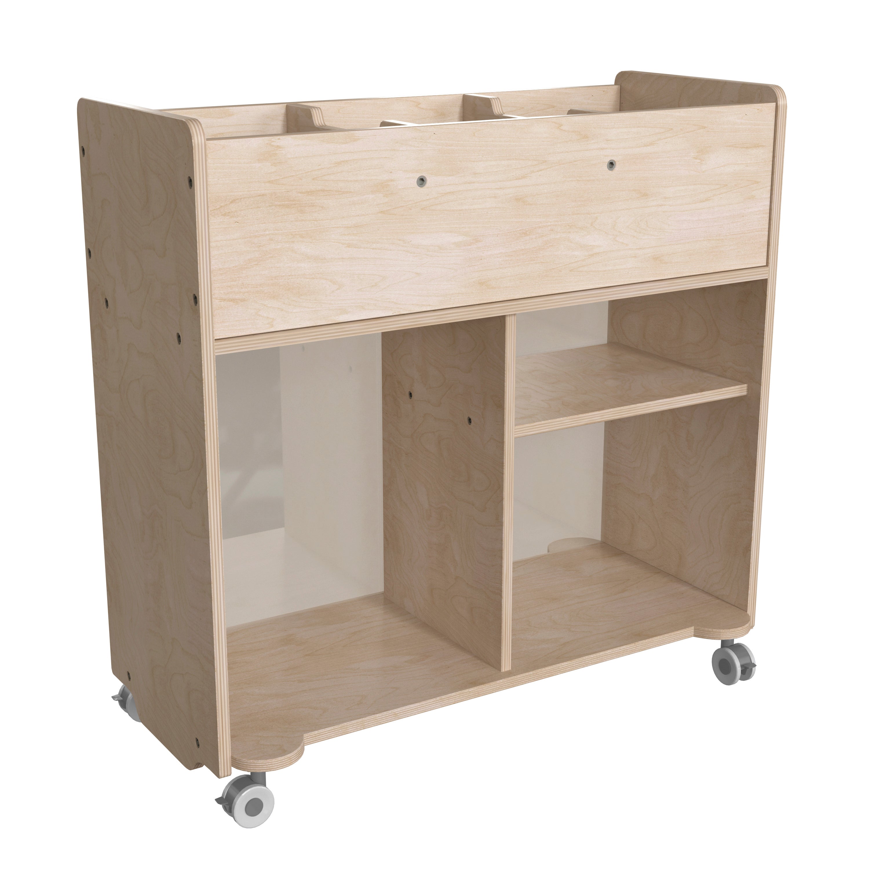 Bright Beginnings Commercial Grade Double Sided Space Saving Wooden Mobile Storage Cart with Locking Caster Wheels-en Classroom Storage Carts-Flash Furniture-Wall2Wall Furnishings