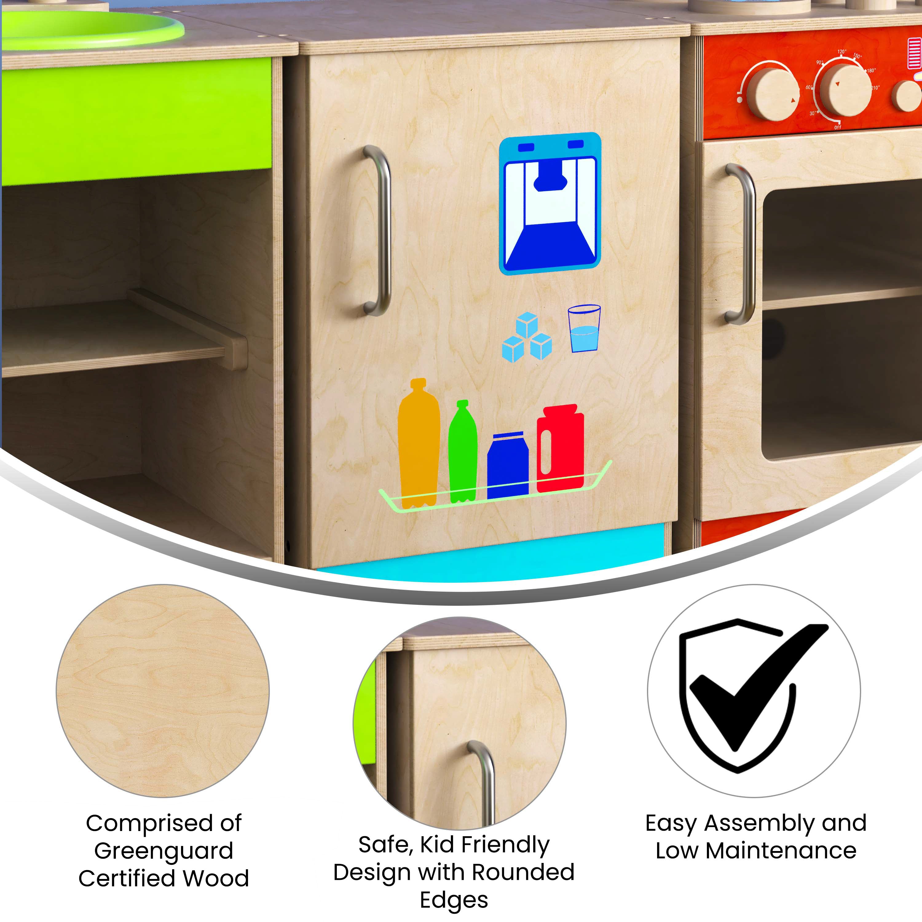 Bright Beginnings Commercial Grade Wooden Children's Kitchen Refrigerator with Integrated Storage & Greenguard Certified Wood-Dramatic Play-Flash Furniture-Wall2Wall Furnishings