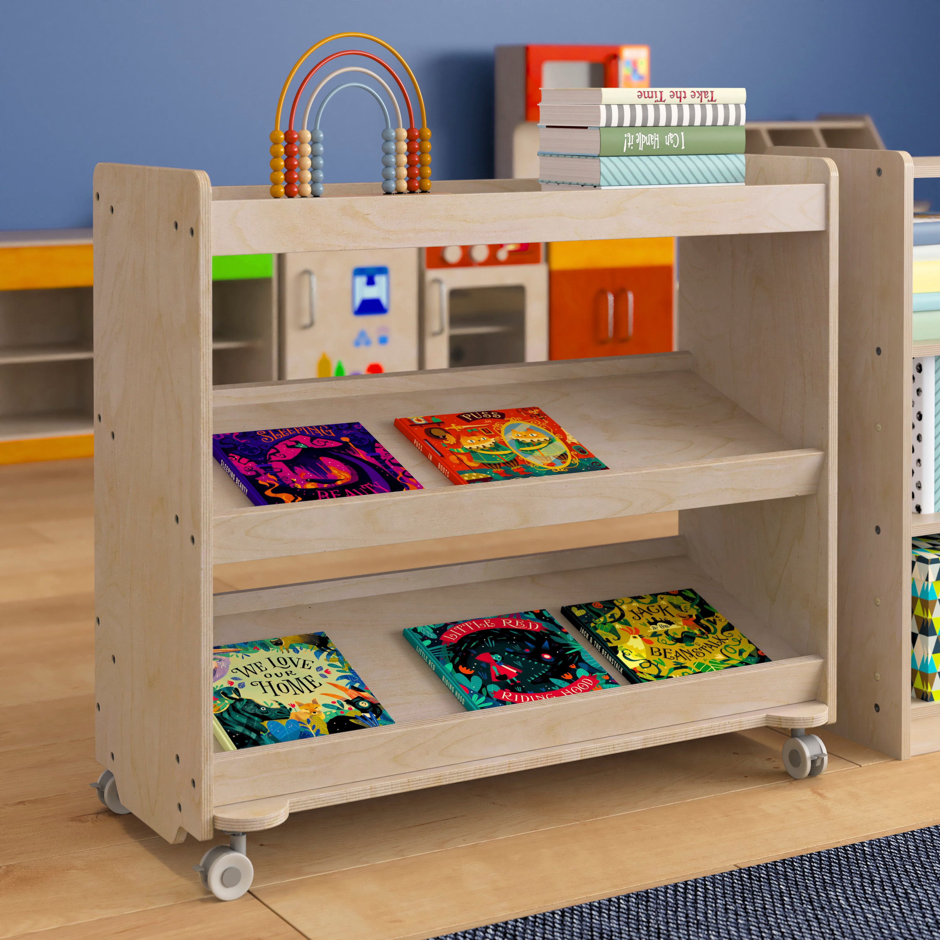 Bright Beginnings Commercial Grade Space Saving Wooden Mobile Classroom Storage Cart, 3 Angled Shelves and Locking Caster Wheels, Kid Friendly Design-en Classroom Storage Carts-Flash Furniture-Wall2Wall Furnishings