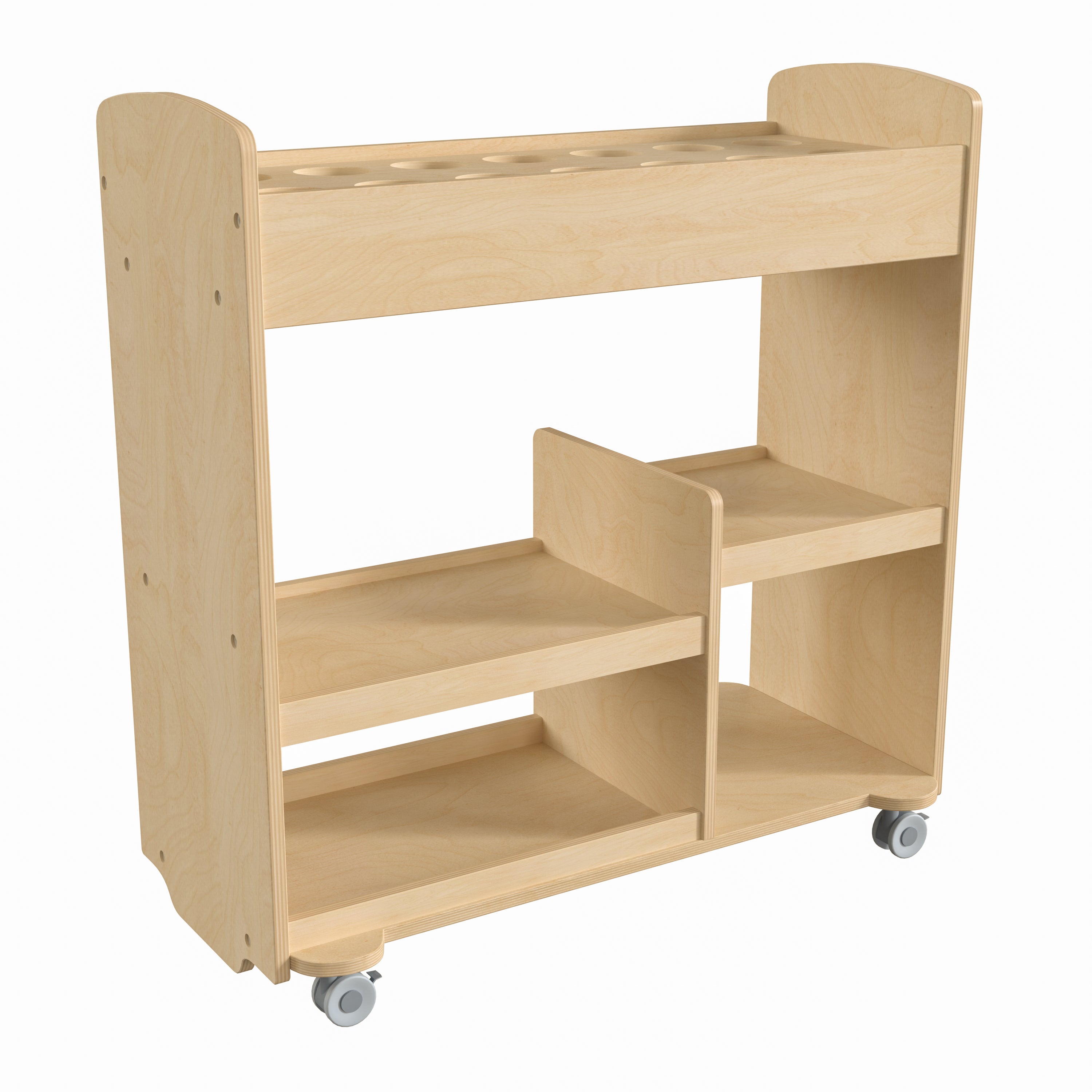 Bright Beginnings Commercial Wooden Double Sided Mobile Storage Cart with 14 Round Storage Compartments, 4 Storage Shelves and Locking Caster Wheels-en Classroom Storage-Flash Furniture-Wall2Wall Furnishings