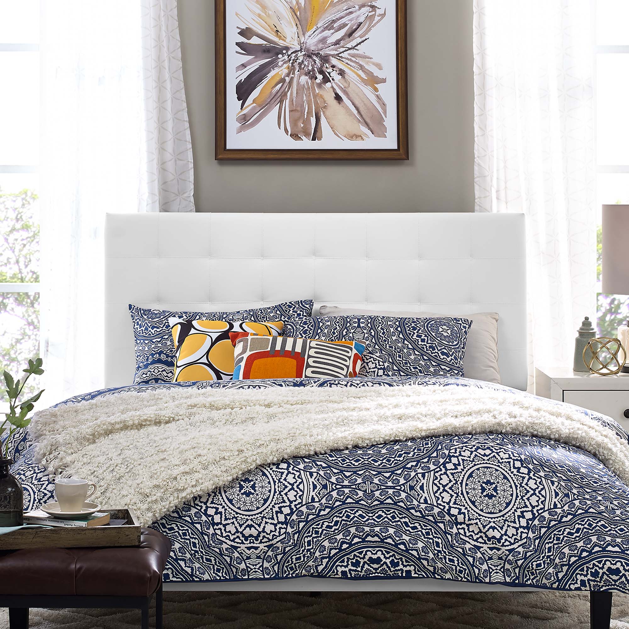 Paisley Tufted Upholstered Faux Leather and Headboard
