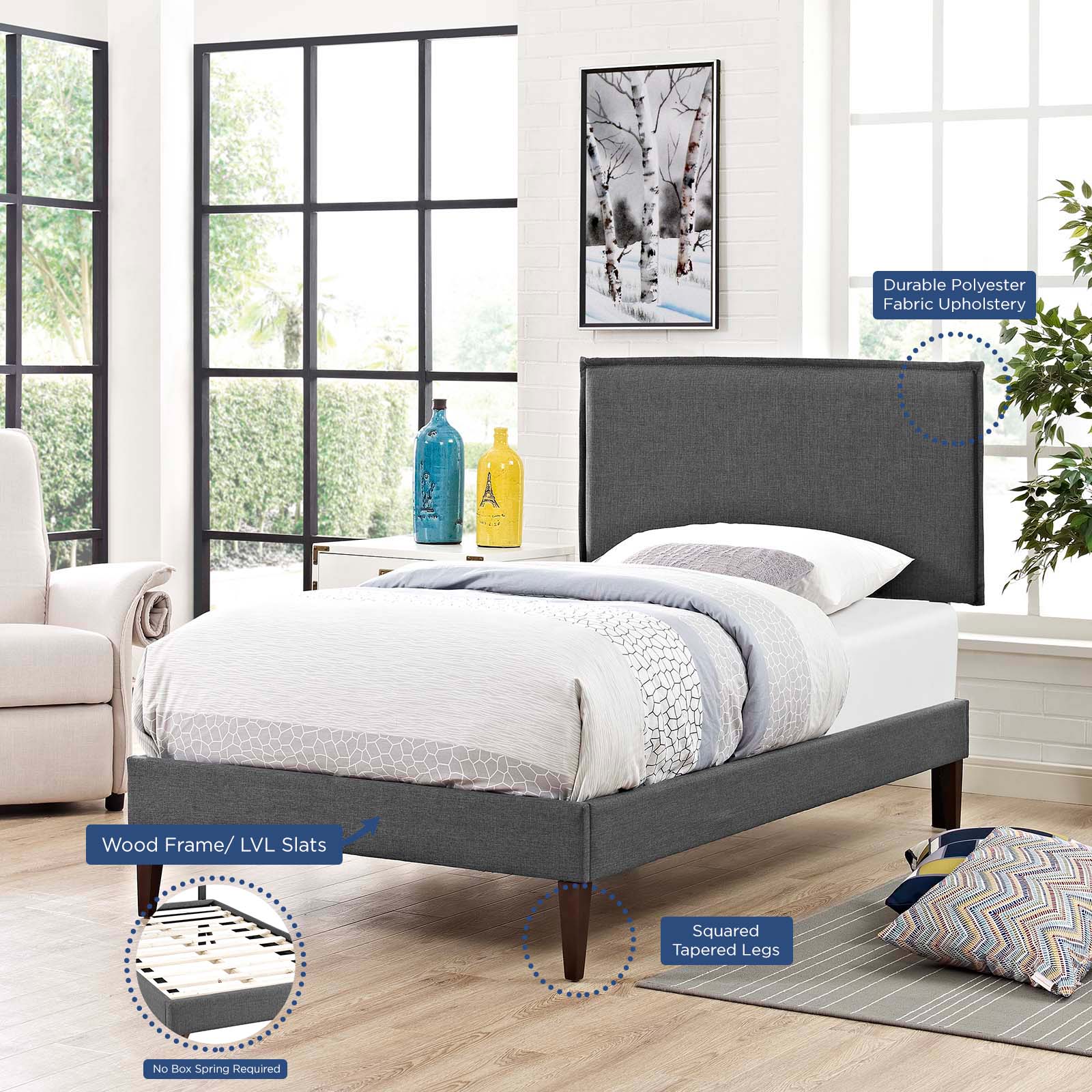 Amaris Fabric Platform Bed with Squared Tapered Legs-Bed-Modway-Wall2Wall Furnishings