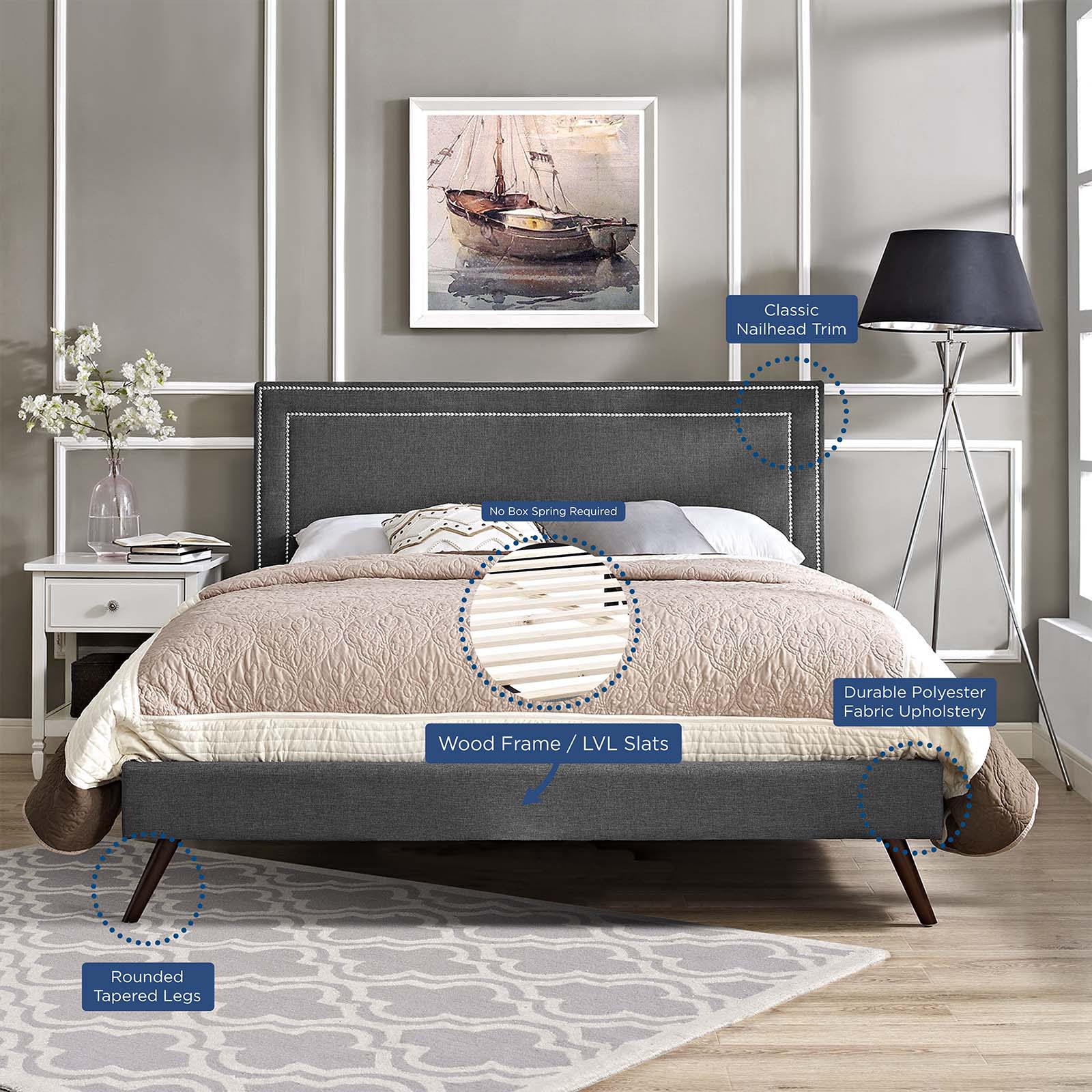 Virginia Fabric Platform Bed with Round Splayed Legs-Bed-Modway-Wall2Wall Furnishings