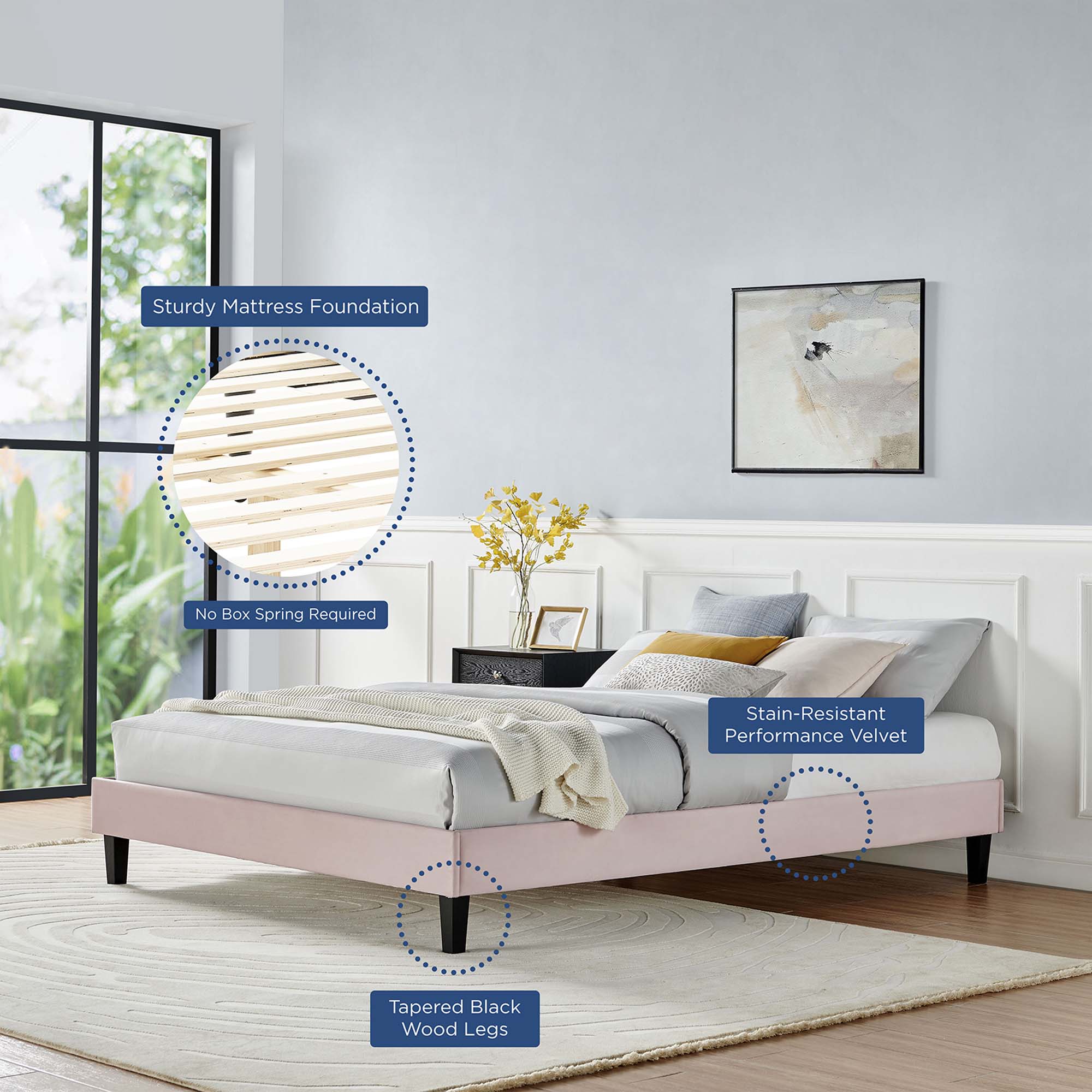 Reign Performance Velvet Platform Bed Frame