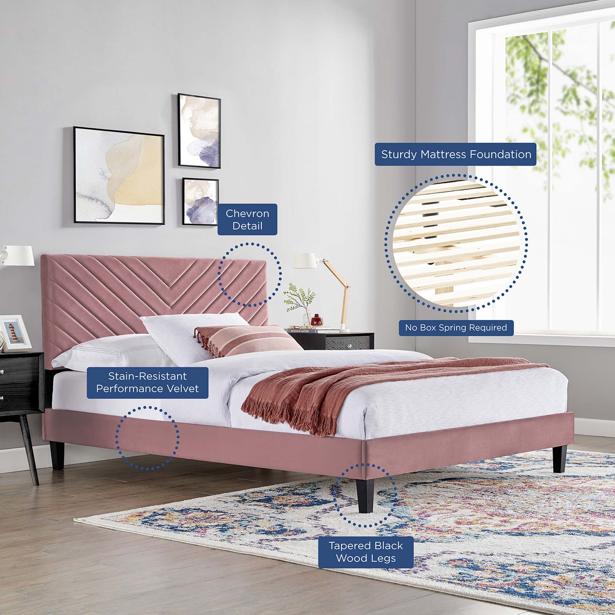 Roxanne Tapered Wood Leg Performance Velvet Platform Bed