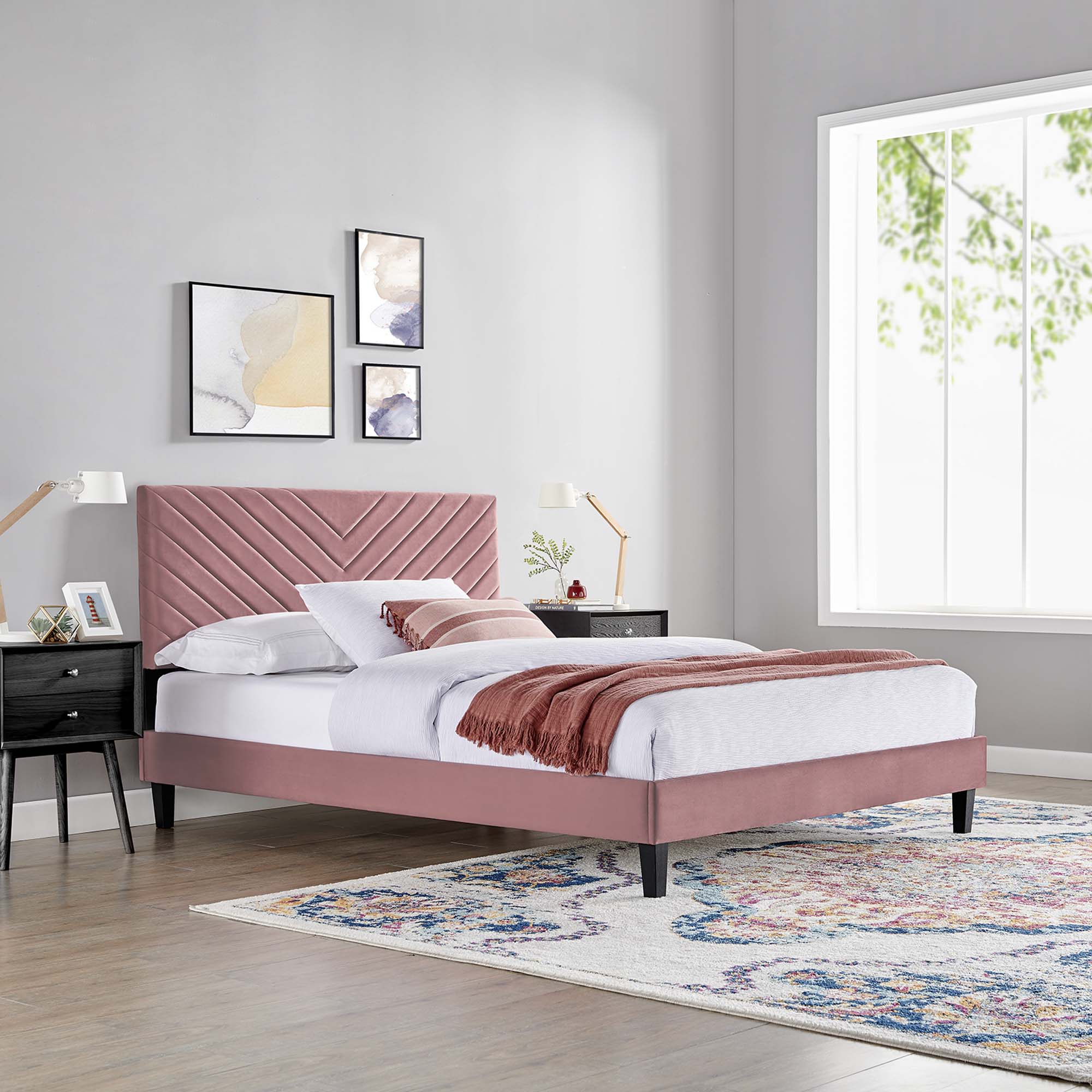 Roxanne Tapered Wood Leg Performance Velvet Platform Bed