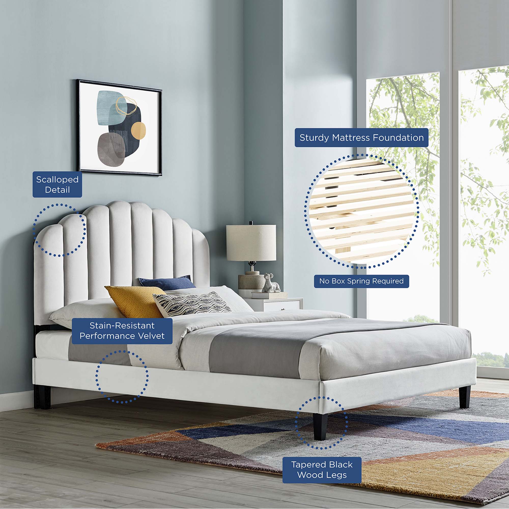 Daisy Tapered Wood Leg Performance Velvet Platform Bed