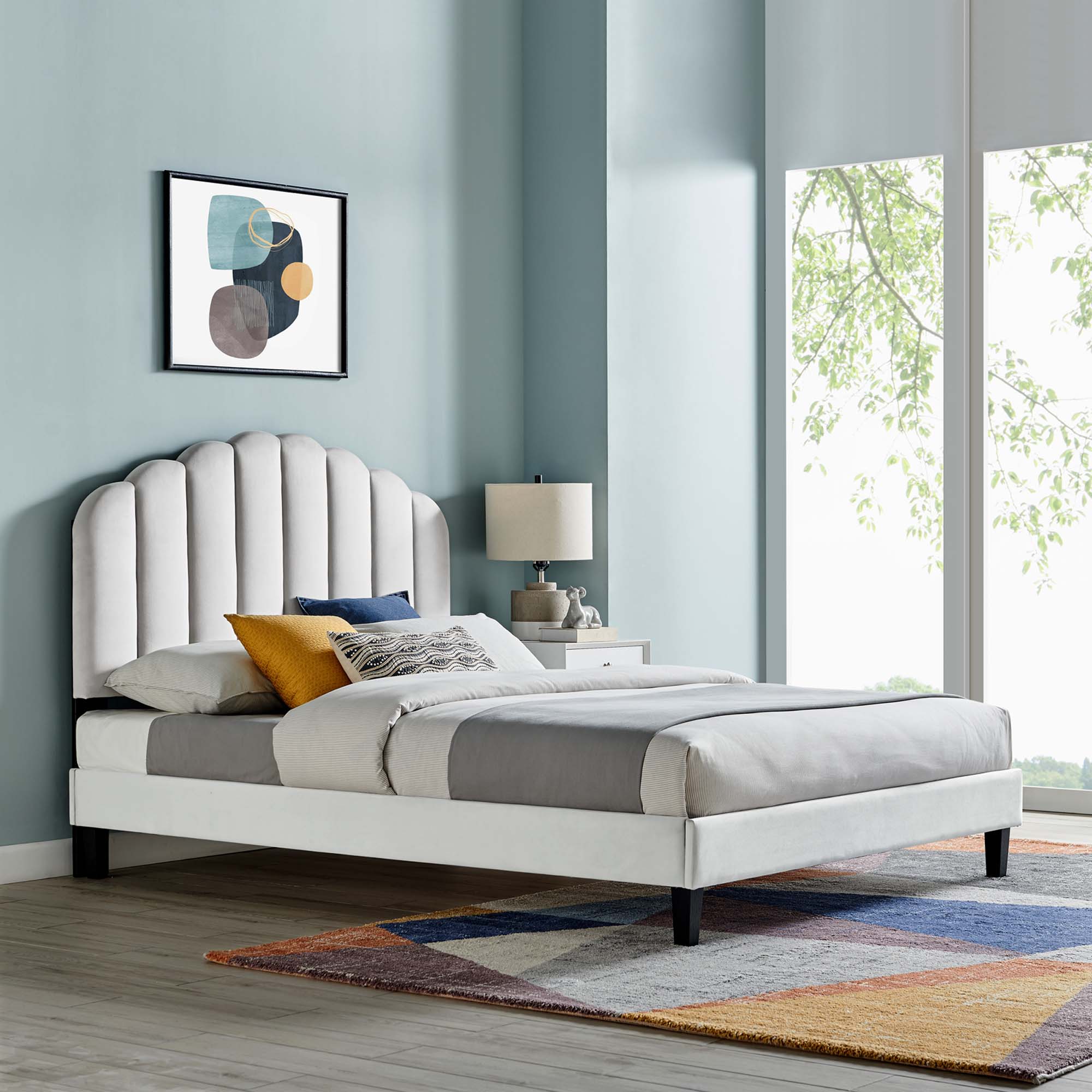 Daisy Tapered Wood Leg Performance Velvet Platform Bed
