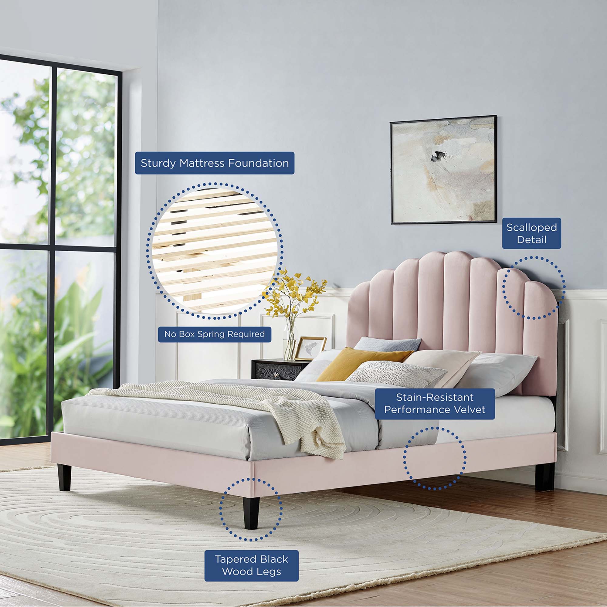 Daisy Tapered Wood Leg Performance Velvet Platform Bed