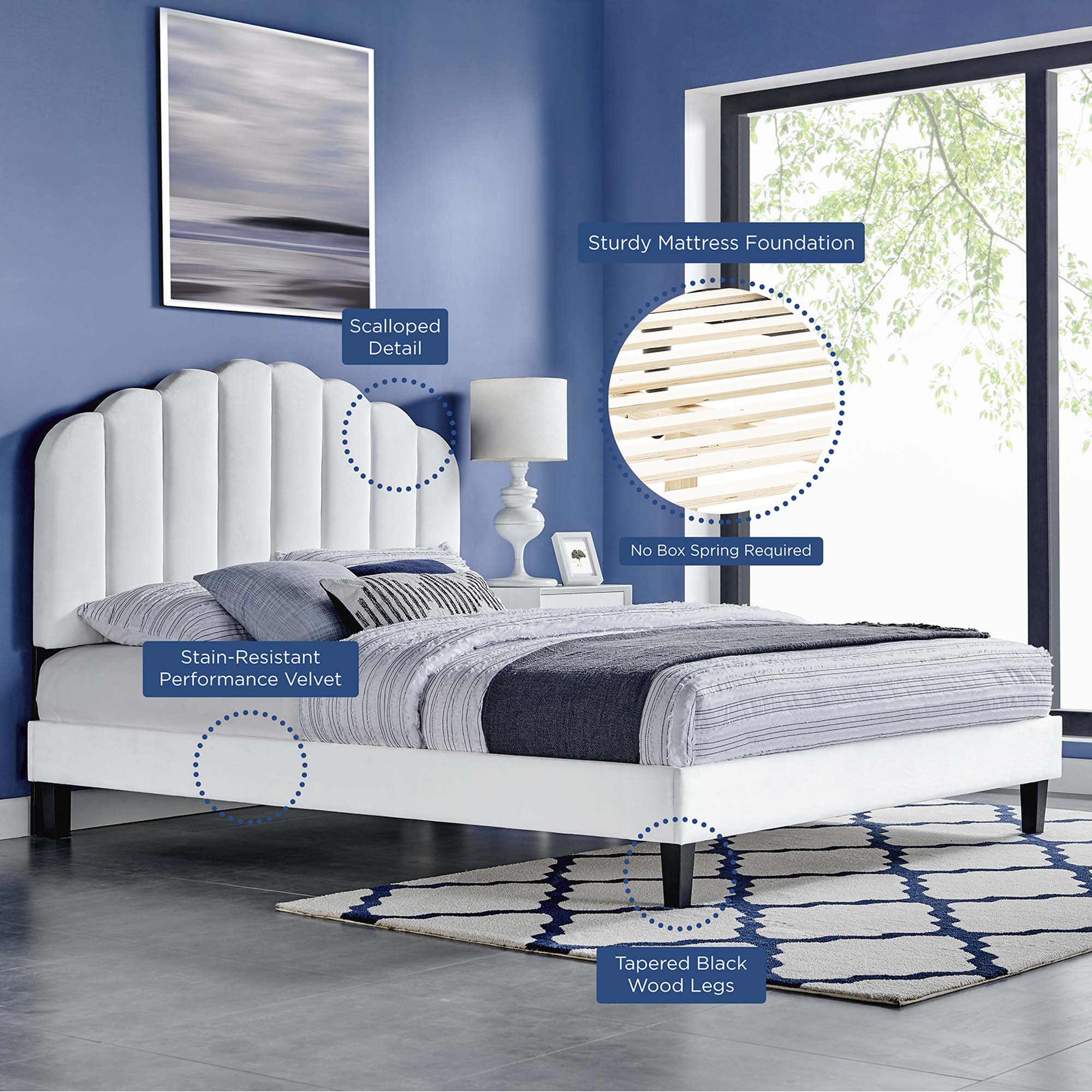 Daisy Tapered Wood Leg Performance Velvet Platform Bed