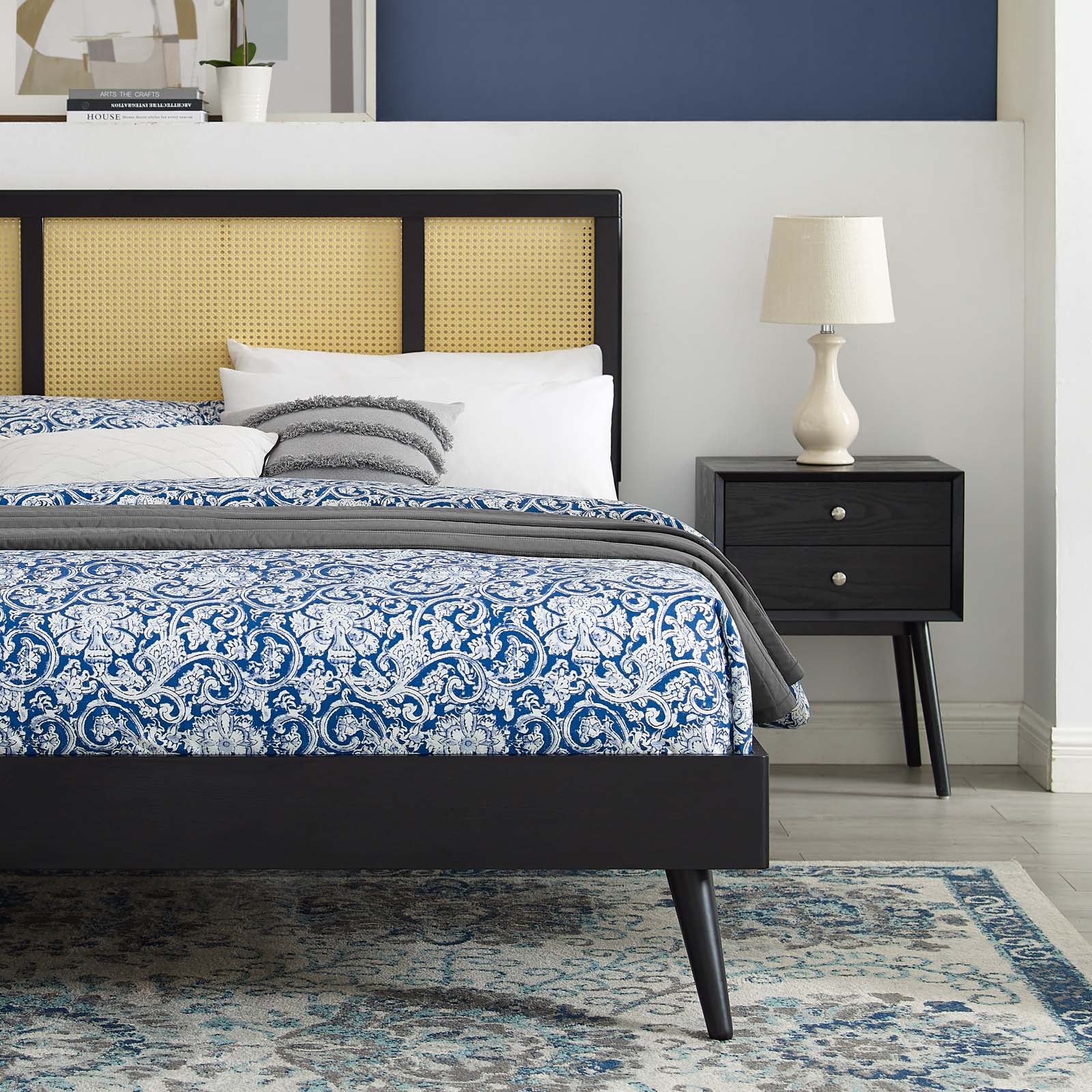 Kelsea Cane and Wood Platform Bed With Splayed Legs-Bed-Modway-Wall2Wall Furnishings