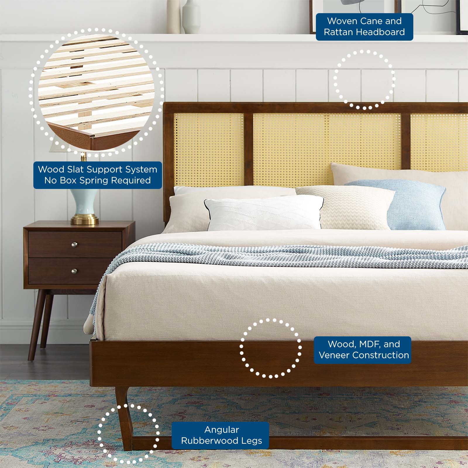 Kelsea Cane and Wood Platform Bed With Angular Legs-Bed-Modway-Wall2Wall Furnishings
