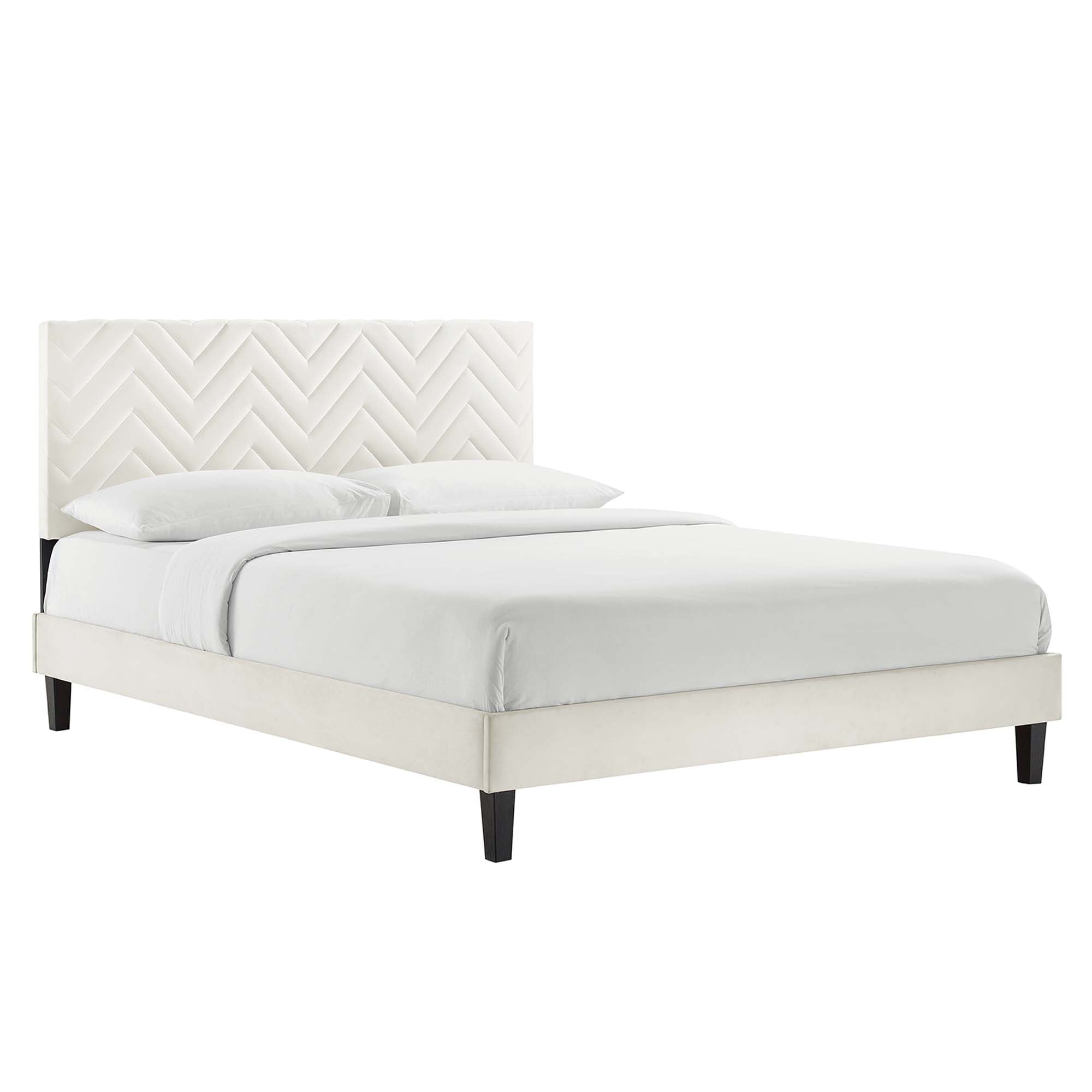 Leah Tapered Wood Leg Chevron Tufted Performance Velvet Platform Bed
