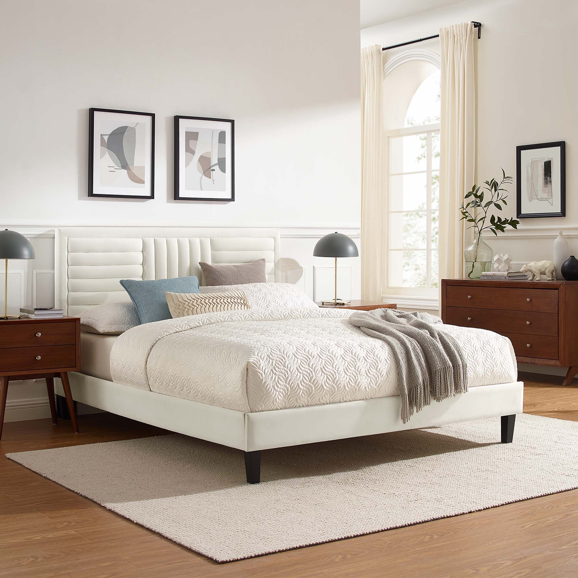 Sofia Tapered Wood Leg Channel Tufted Performance Velvet Platform Bed