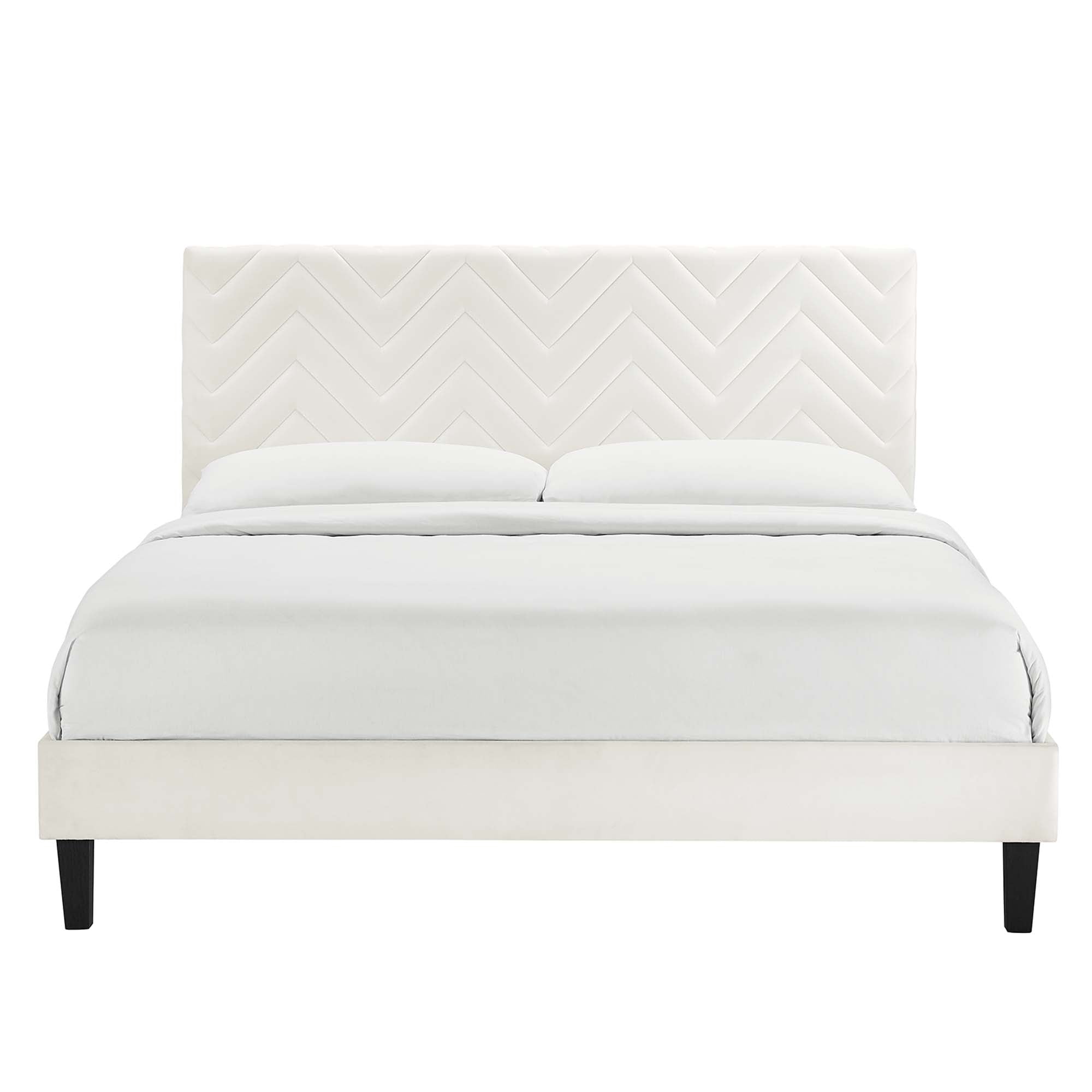 Leah Tapered Wood Leg Chevron Tufted Performance Velvet Platform Bed