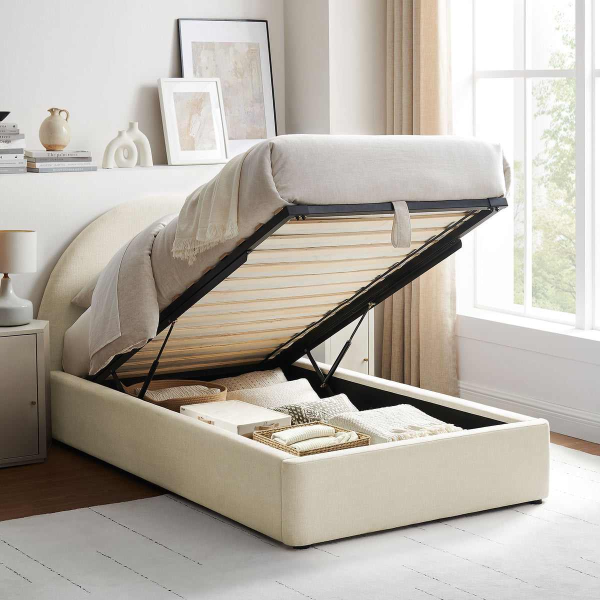 Resort Arched Upholstered Fabric Storage Platform Bed Frame