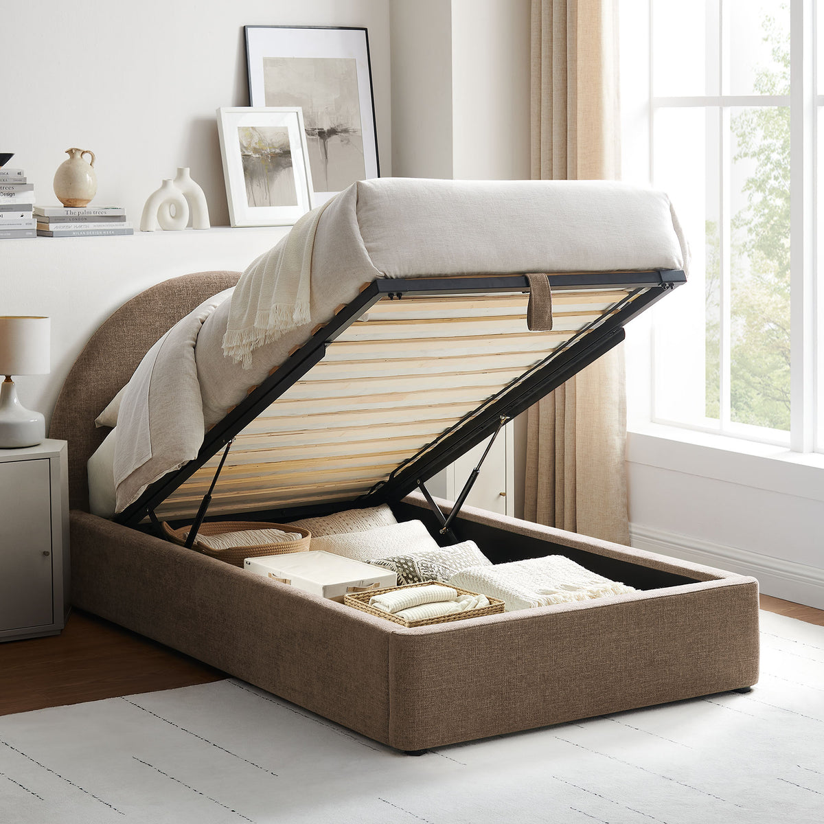 Resort Arched Upholstered Fabric Storage Platform Bed Frame