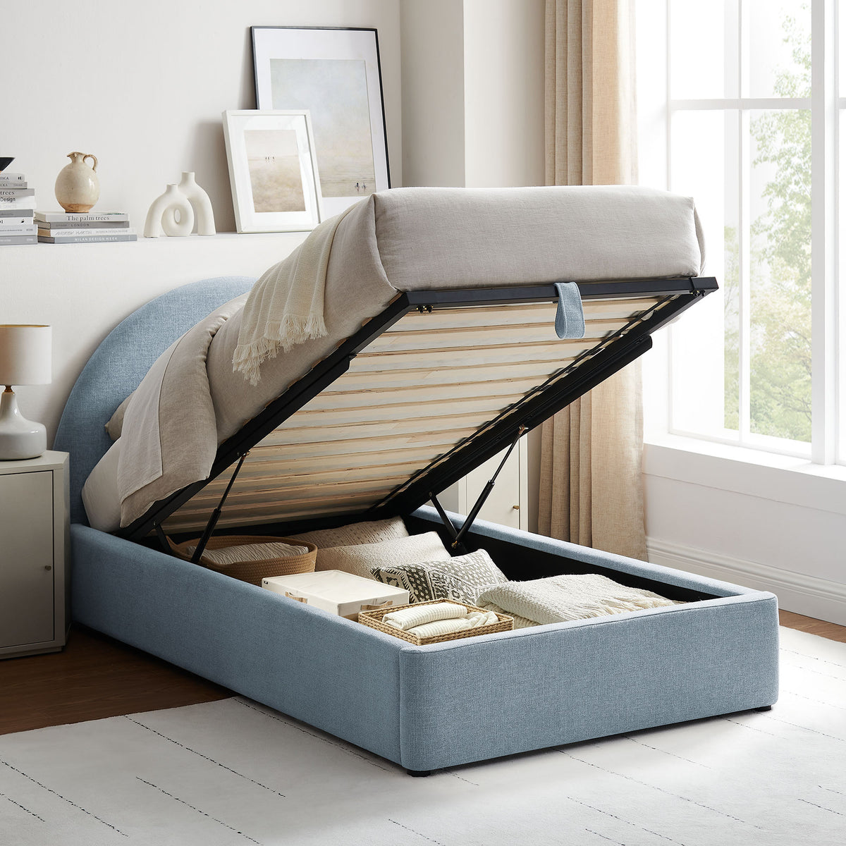 Resort Arched Upholstered Fabric Storage Platform Bed Frame