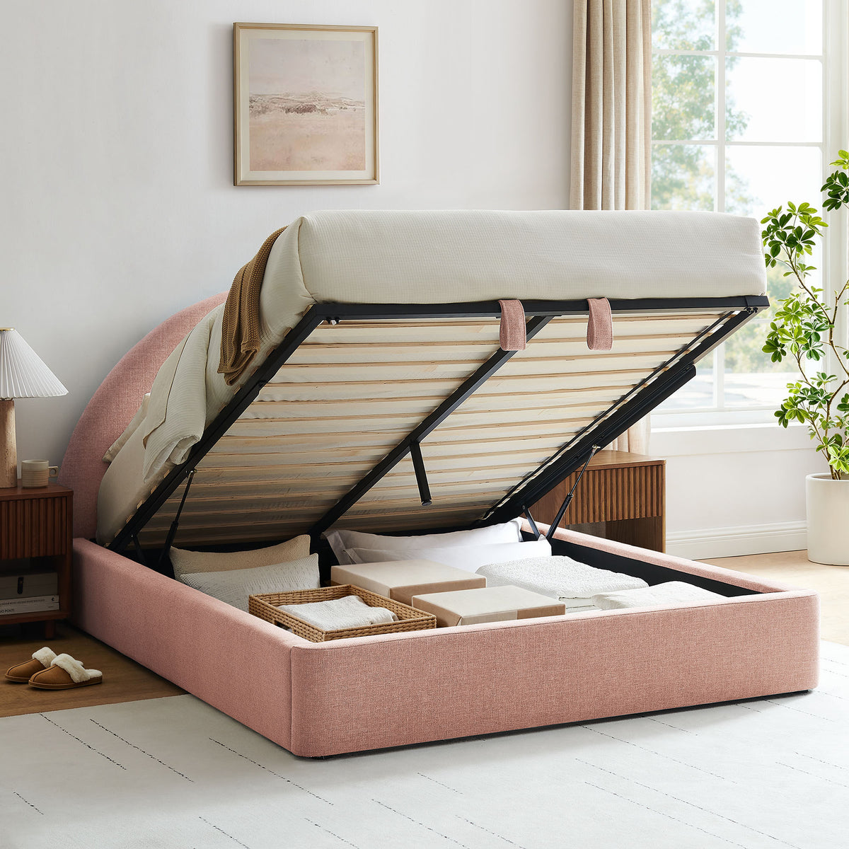 Resort Arched Upholstered Fabric Storage Platform Bed Frame
