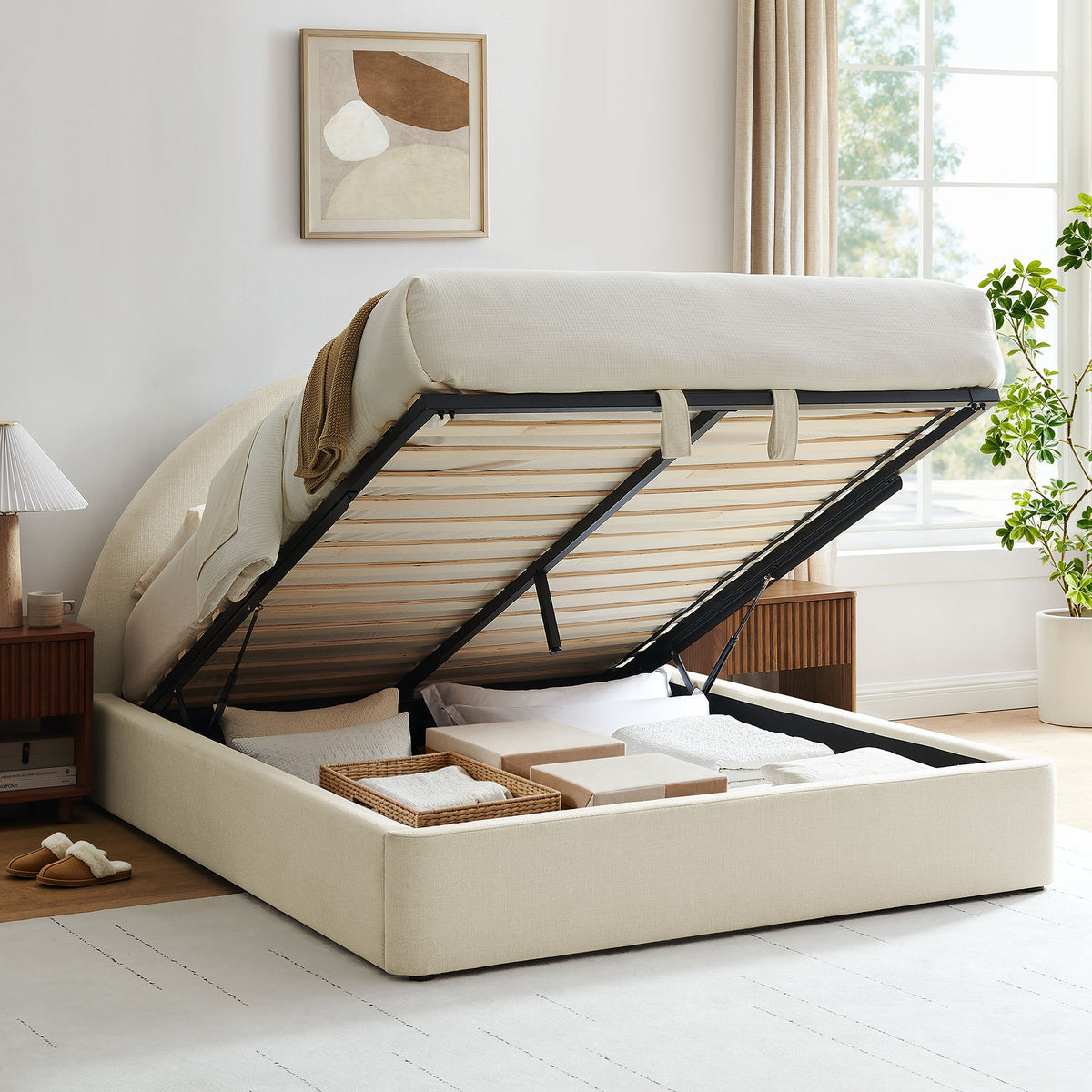 Resort Arched Upholstered Fabric Storage Platform Bed Frame