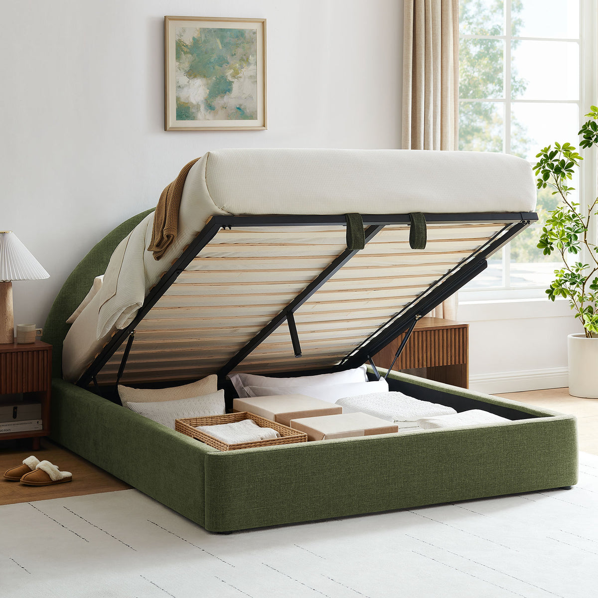 Resort Arched Upholstered Fabric Storage Platform Bed Frame