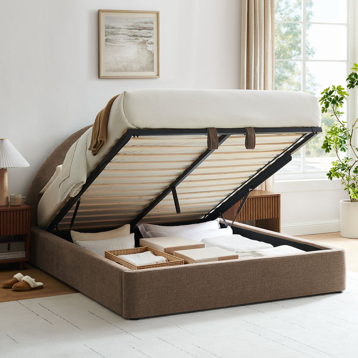 Resort Arched Upholstered Fabric Storage Platform Bed Frame