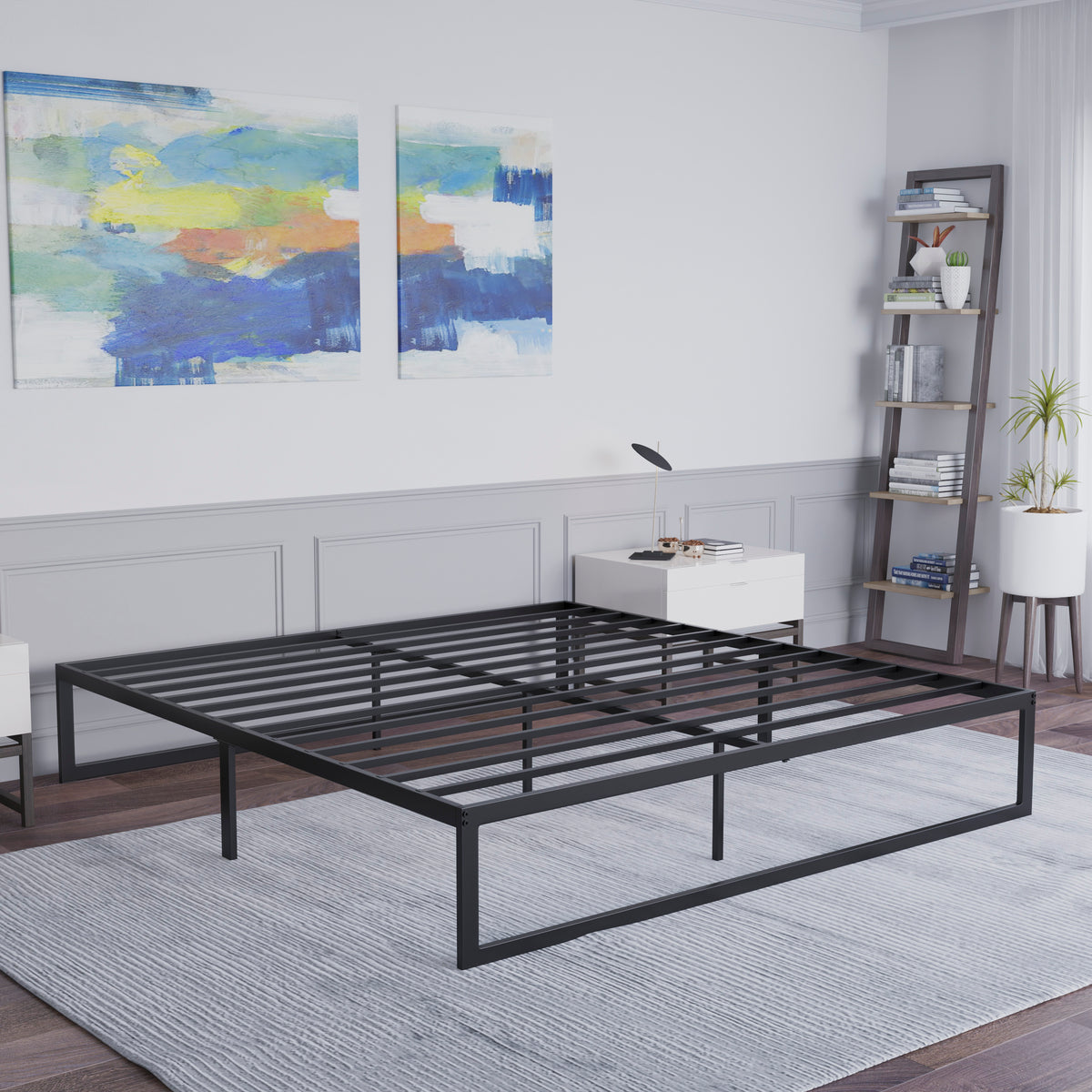 Universal 14 Inch Metal Platform Bed Frame - No Box Spring Needed w/ Steel Slat Support and Quick Lock Functionality