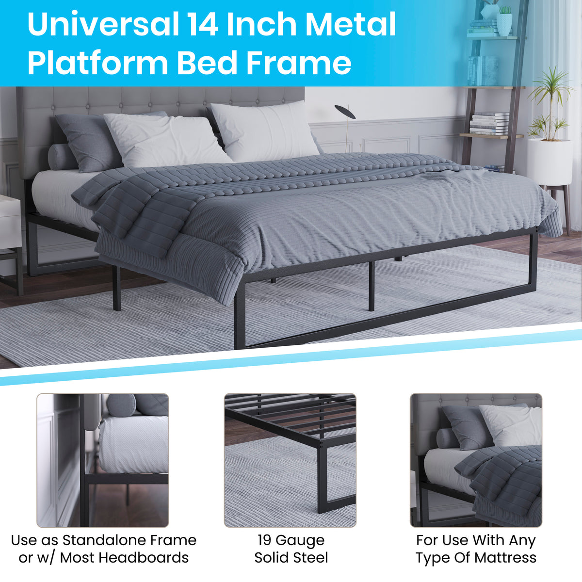 Universal 14 Inch Metal Platform Bed Frame - No Box Spring Needed w/ Steel Slat Support and Quick Lock Functionality