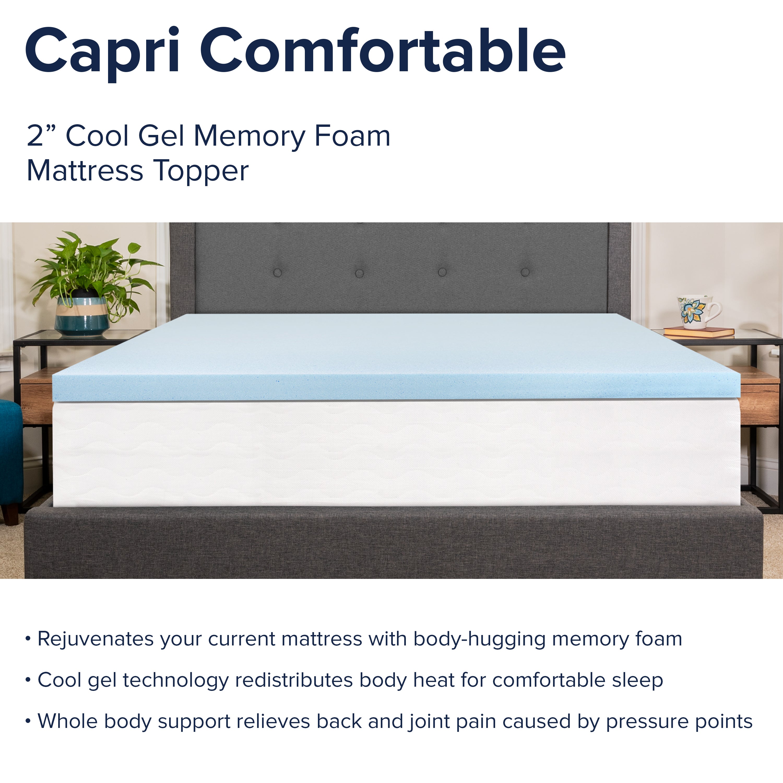 Capri Comfortable Sleep 2 inch Cool Gel Memory Foam Mattress Topper-Mattress Topper-Flash Furniture-Wall2Wall Furnishings