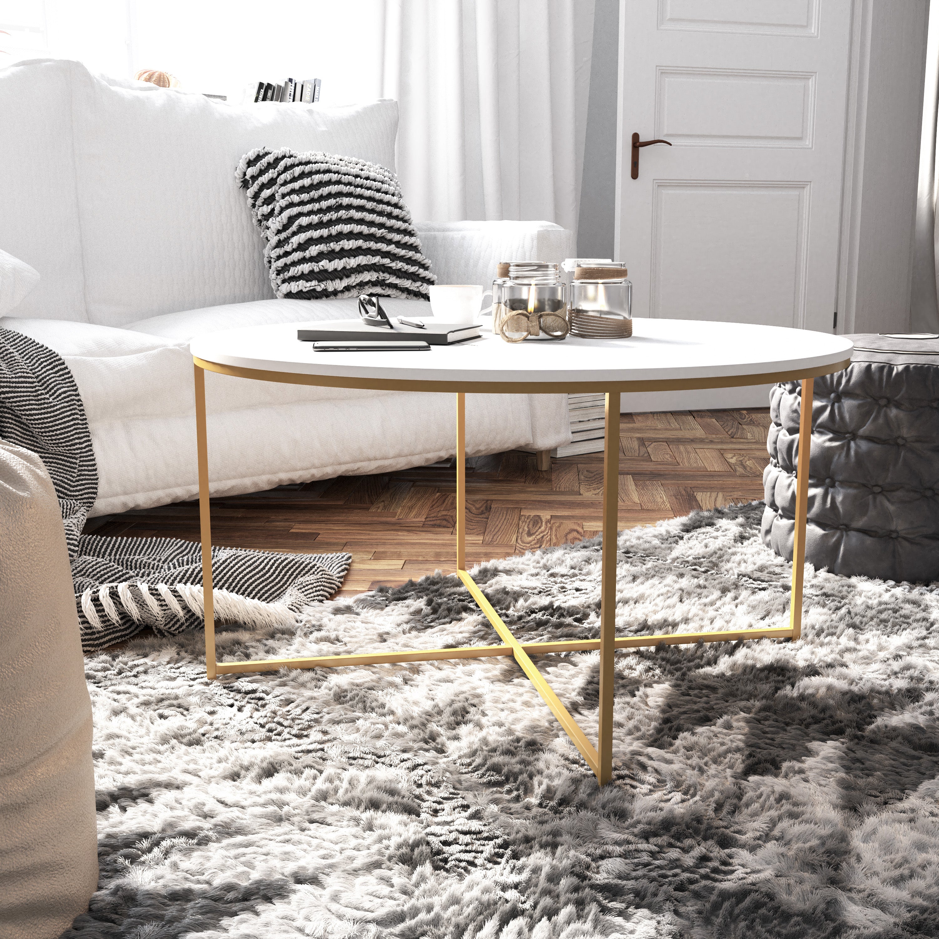 Hampstead Collection Coffee and End Table Set - Laminate Top with Crisscross Frame, 3 Piece Occasional Table Set
