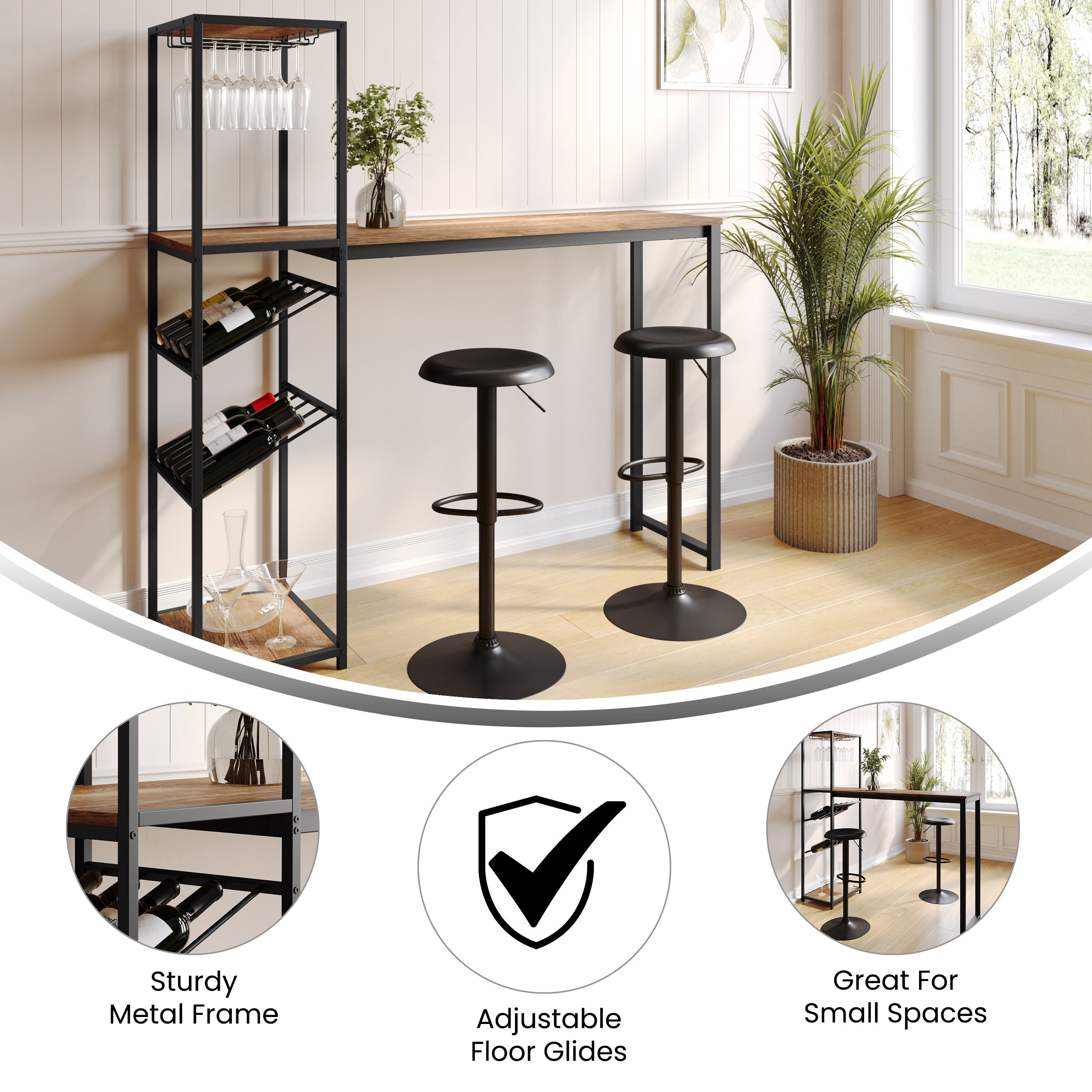 Jura Metal Bar and Wine Table with 2 Slanted Shelves for Bottle Storage and Hanging Glass Storage