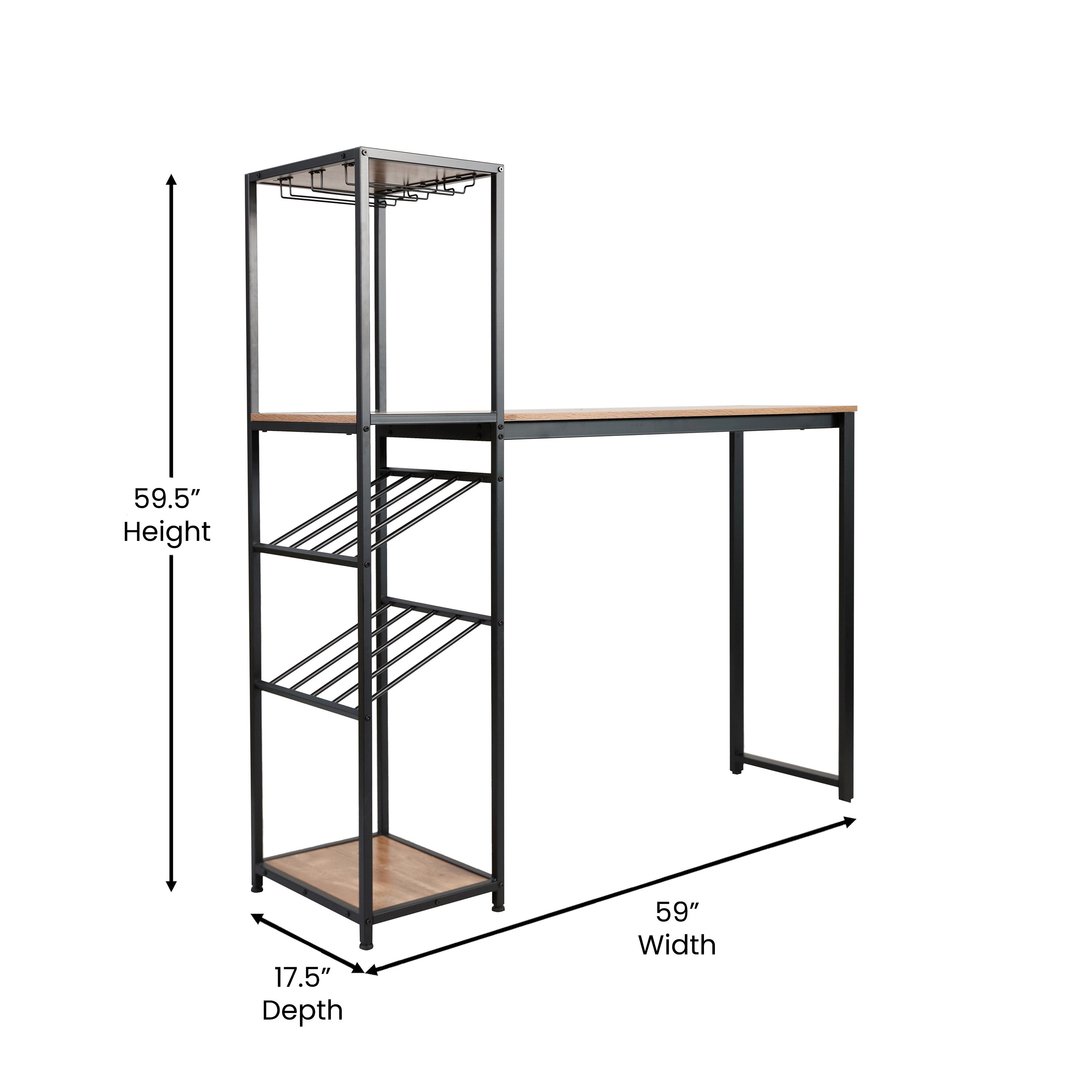 Jura Metal Bar and Wine Table with 2 Slanted Shelves for Bottle Storage and Hanging Glass Storage