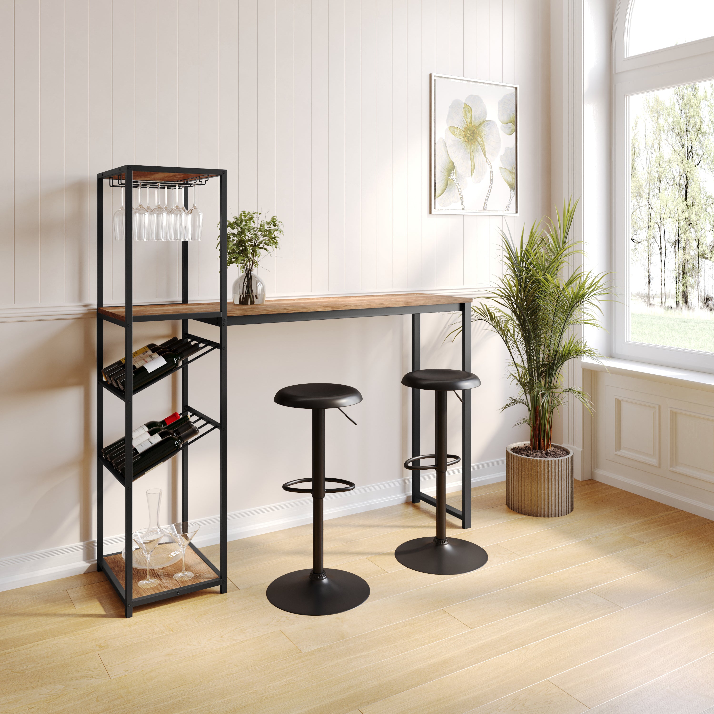 Jura Metal Bar and Wine Table with 2 Slanted Shelves for Bottle Storage and Hanging Glass Storage