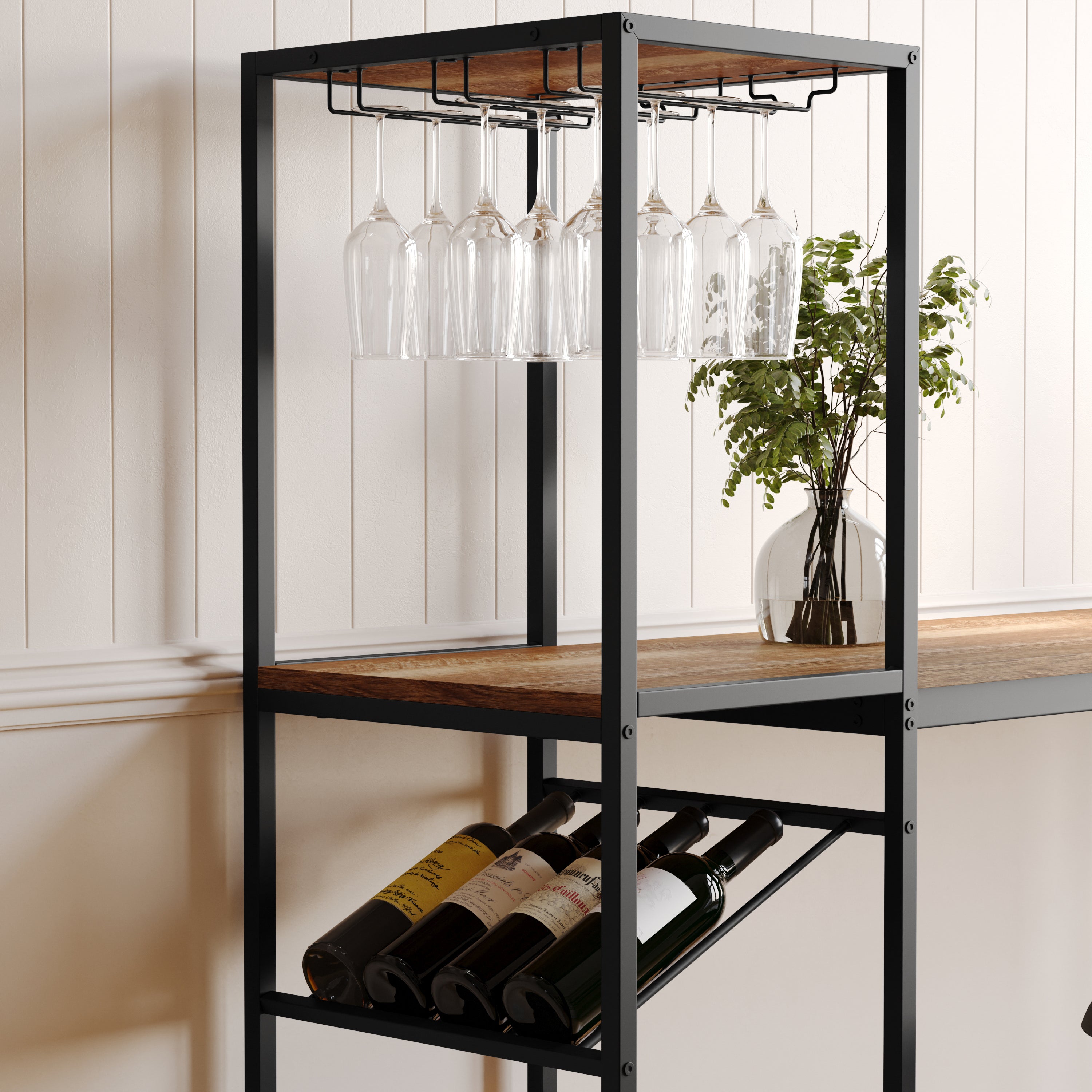 Jura Metal Bar and Wine Table with 2 Slanted Shelves for Bottle Storage and Hanging Glass Storage