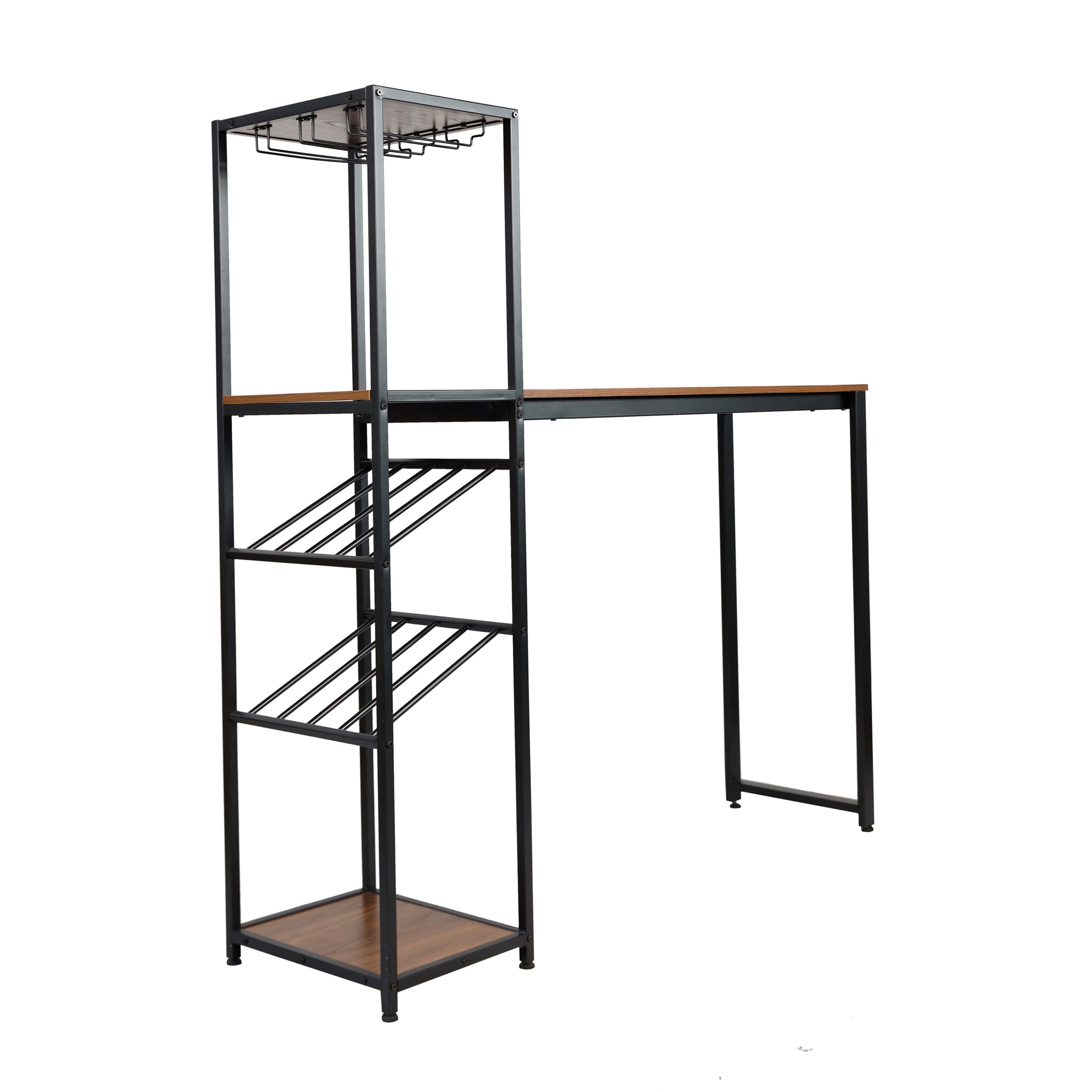 Jura Metal Bar and Wine Table with 2 Slanted Shelves for Bottle Storage and Hanging Glass Storage