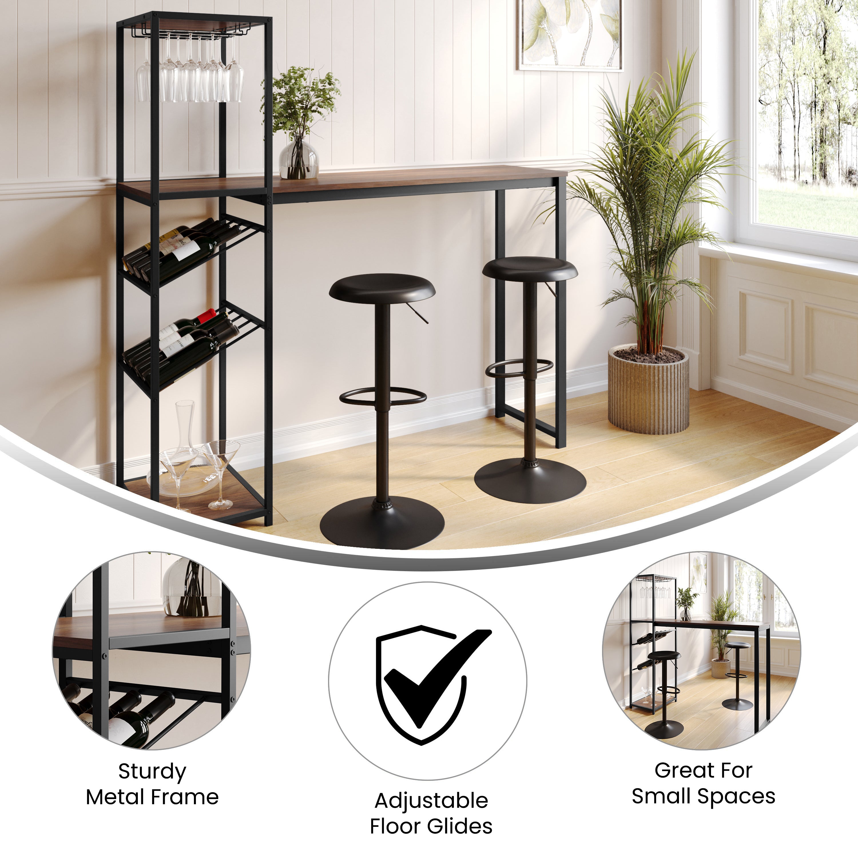 Jura Metal Bar and Wine Table with 2 Slanted Shelves for Bottle Storage and Hanging Glass Storage