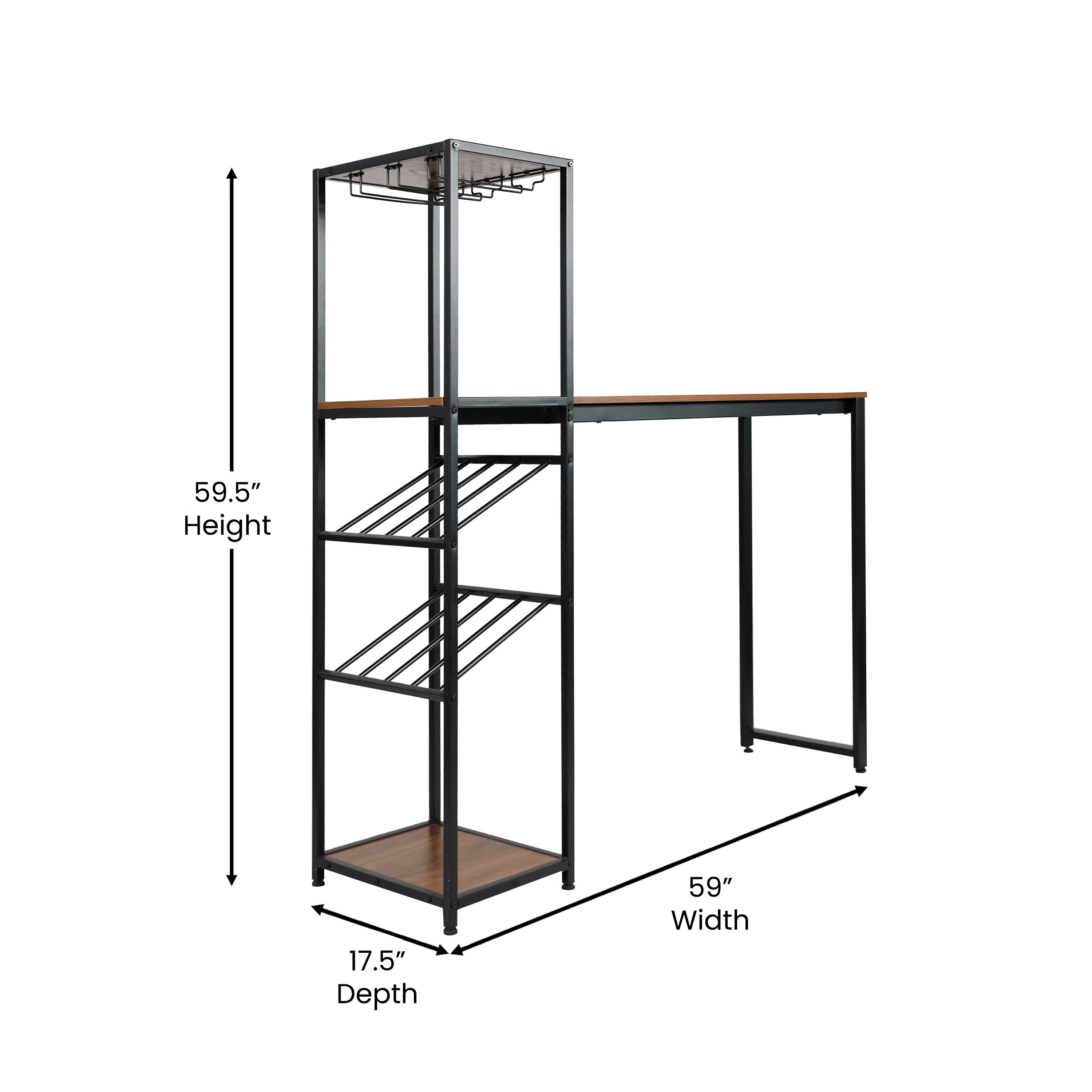 Jura Metal Bar and Wine Table with 2 Slanted Shelves for Bottle Storage and Hanging Glass Storage
