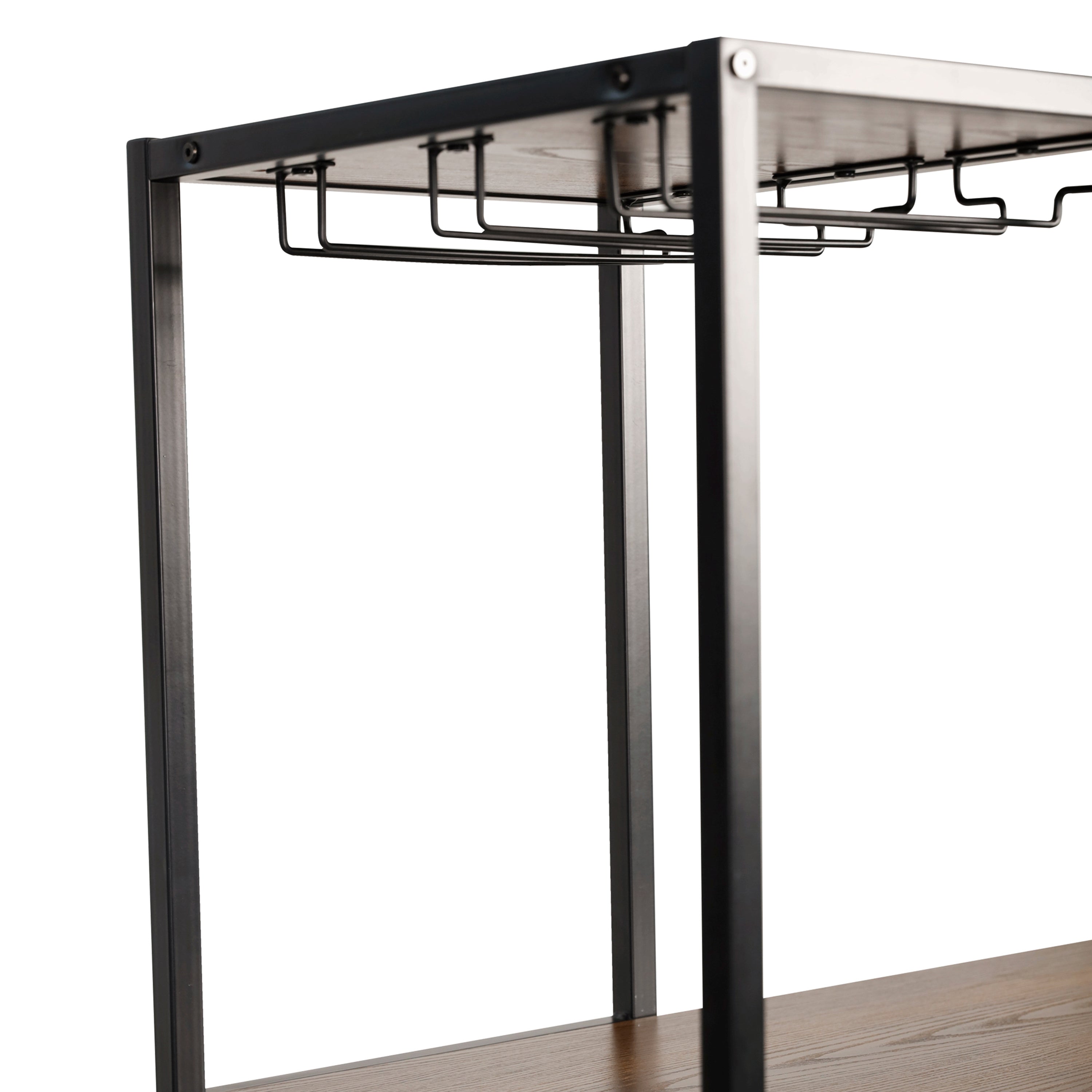 Jura Metal Bar and Wine Table with 2 Slanted Shelves for Bottle Storage and Hanging Glass Storage