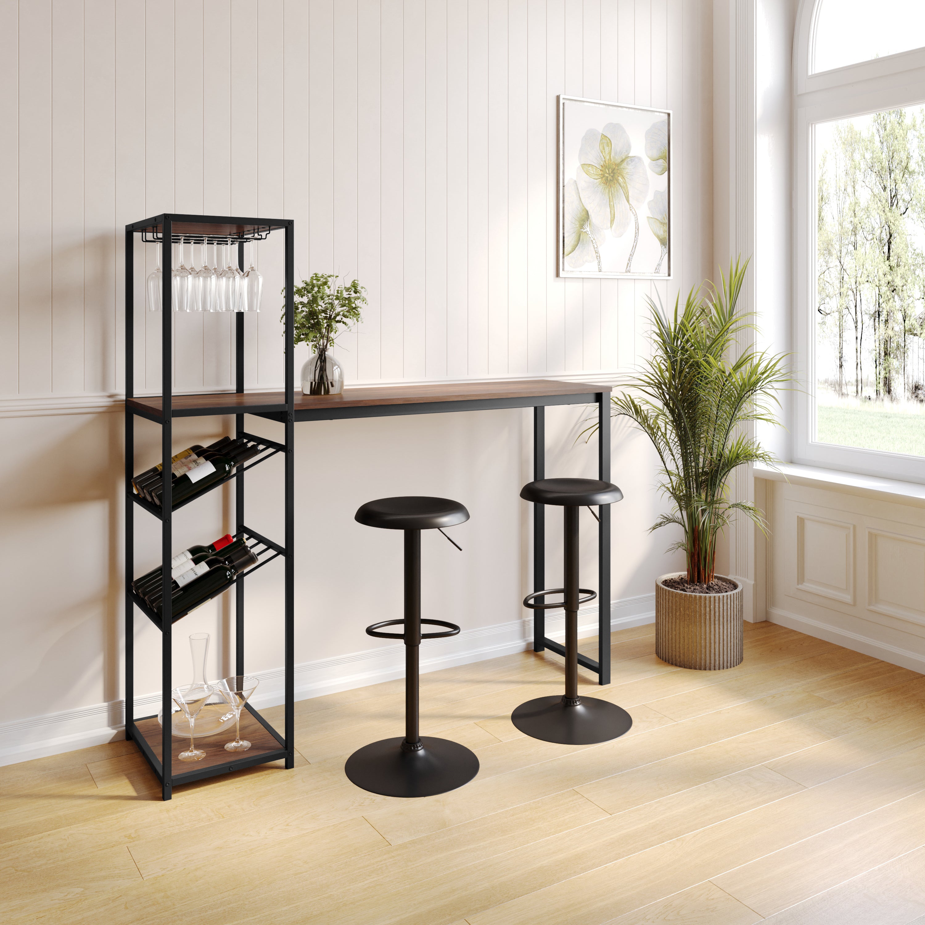 Jura Metal Bar and Wine Table with 2 Slanted Shelves for Bottle Storage and Hanging Glass Storage